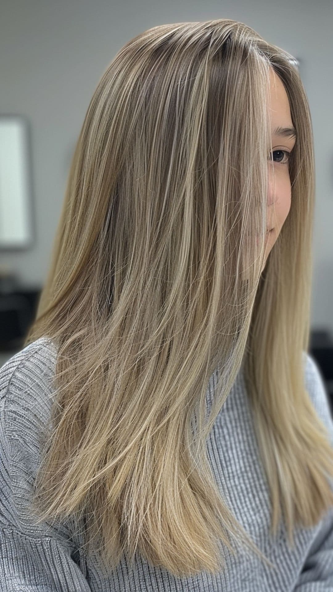 A young woman modelling an ash blonde long hair.