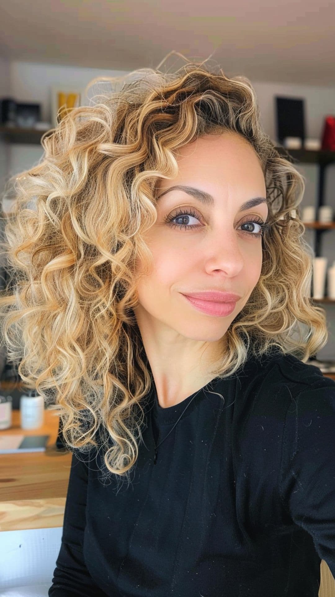 A woman modelling a champagne blonde curly hair.