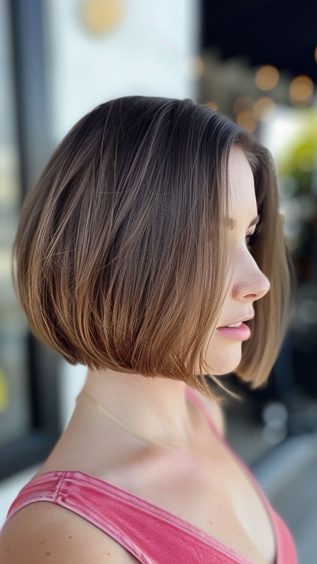 A woman modelling a short ash brown hair.