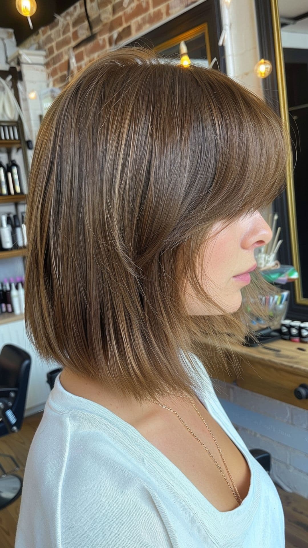 A woman modelling a short chestnut brown hair.