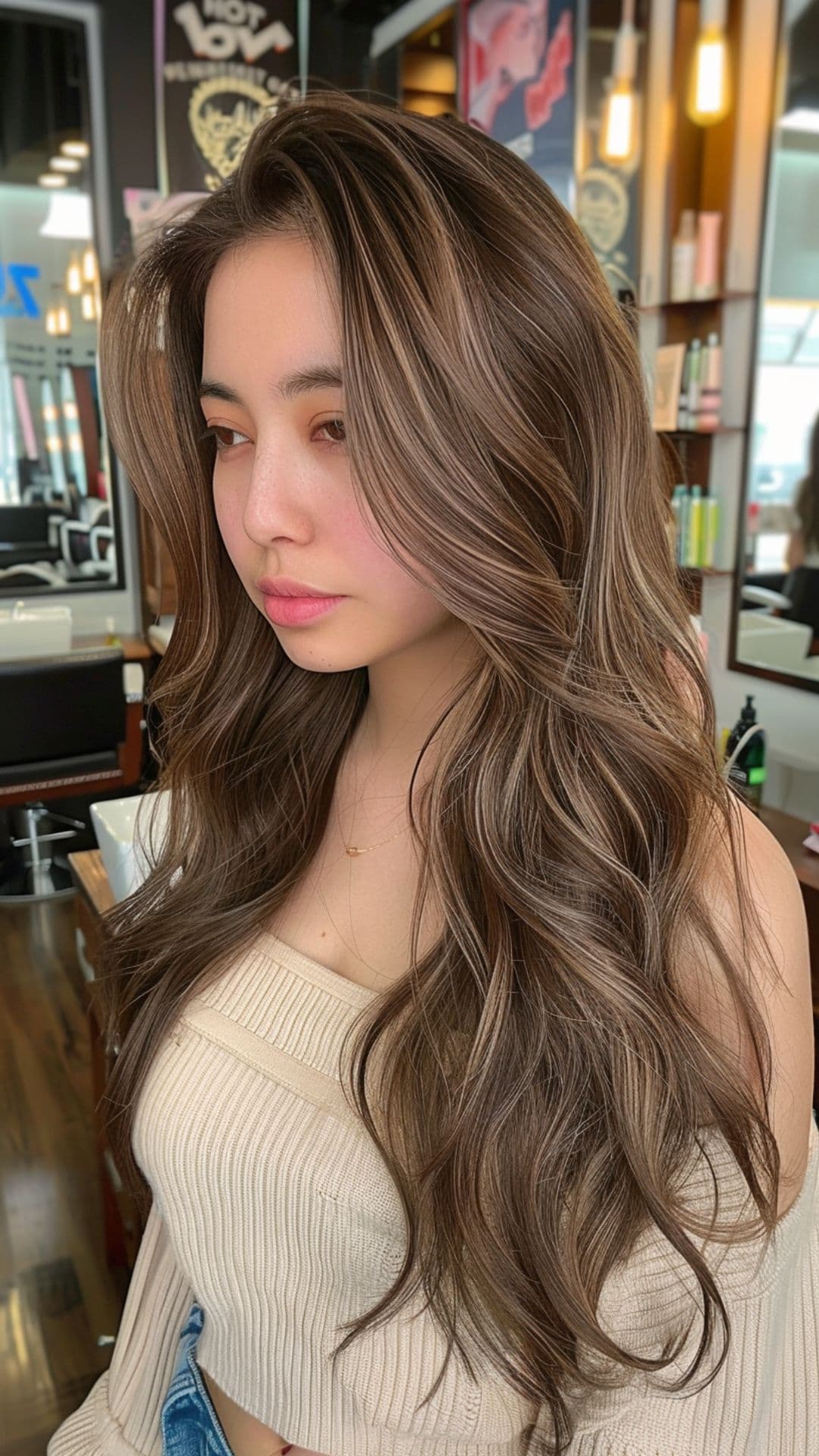 A woman modelling an ash brown hair.