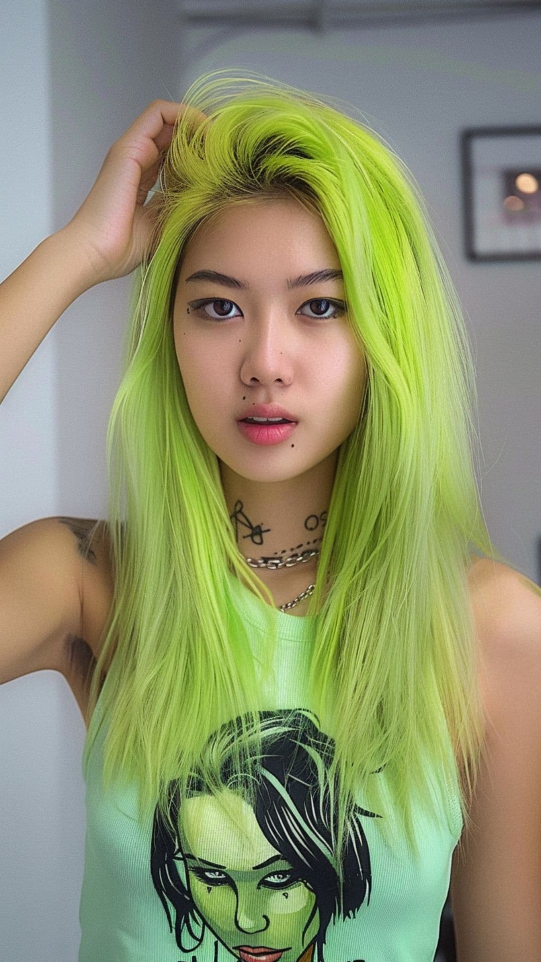 A woman modelling a neon green hair.