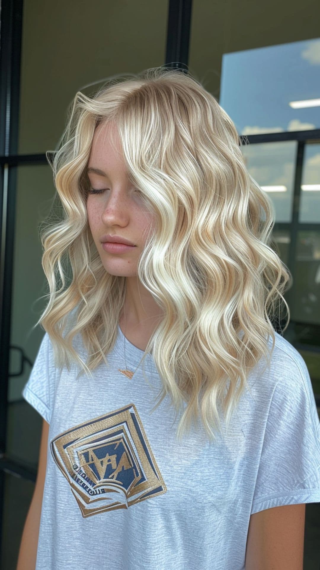 A woman modelling a platinum blonde hair.