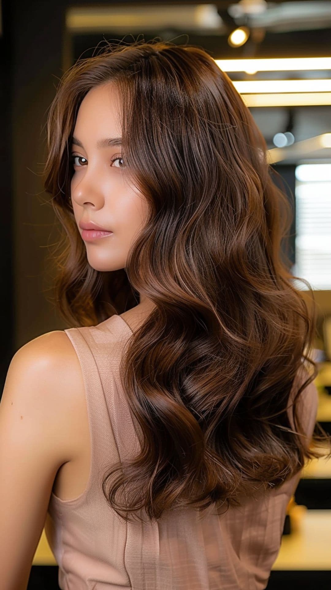 A woman modelling a mocha brown hair.