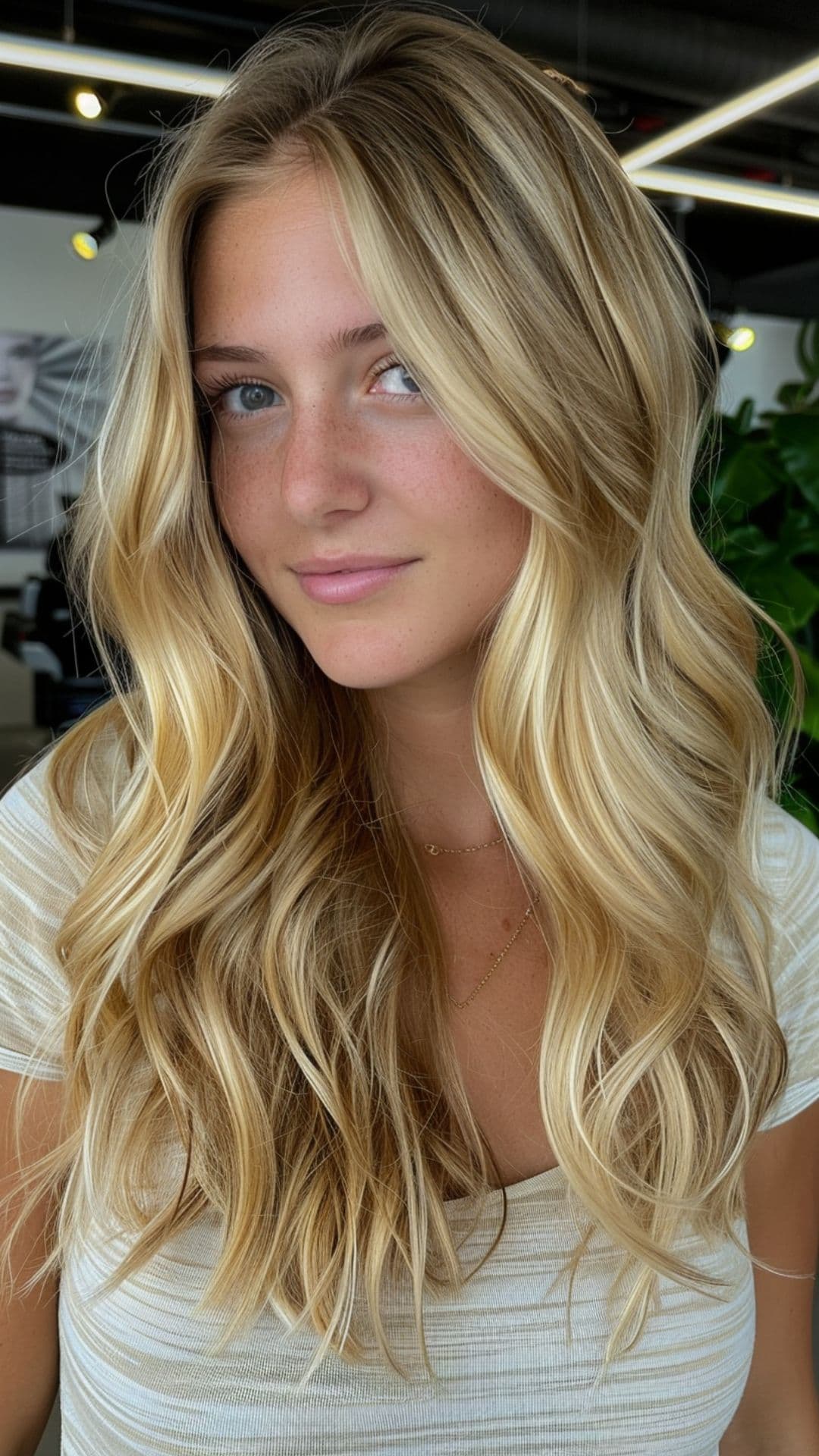 A woman modelling a golden blonde hair.