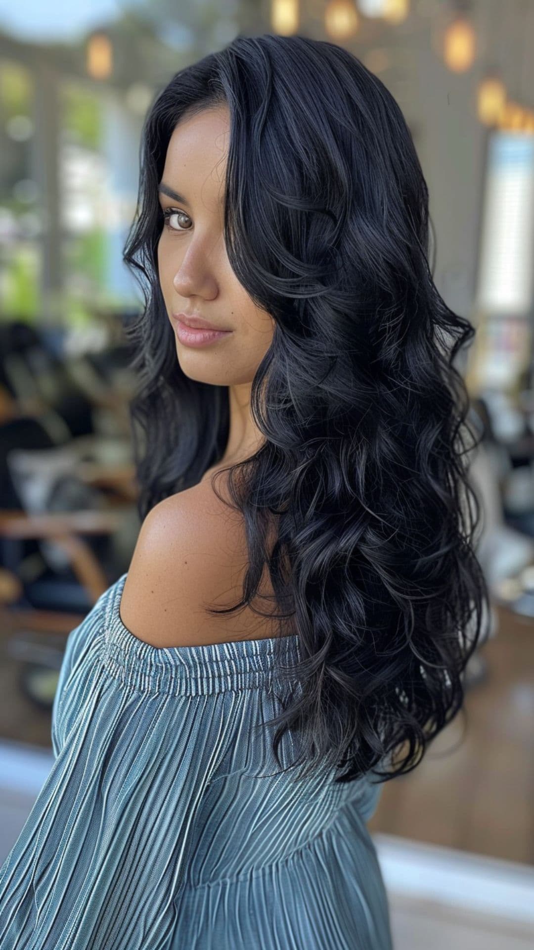 A woman modelling a blue black hair.