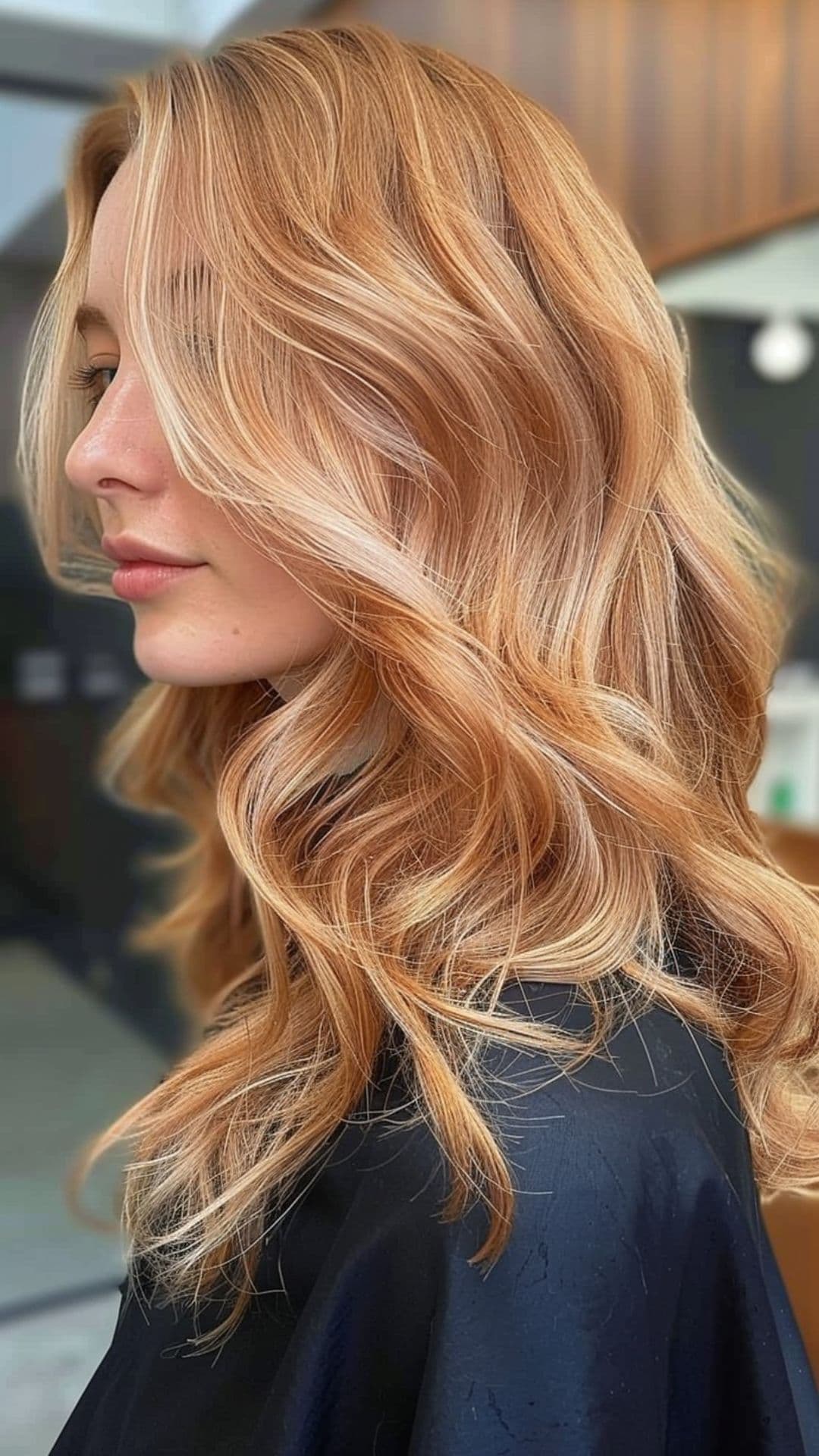 A woman modelling a strawberry blonde hair.