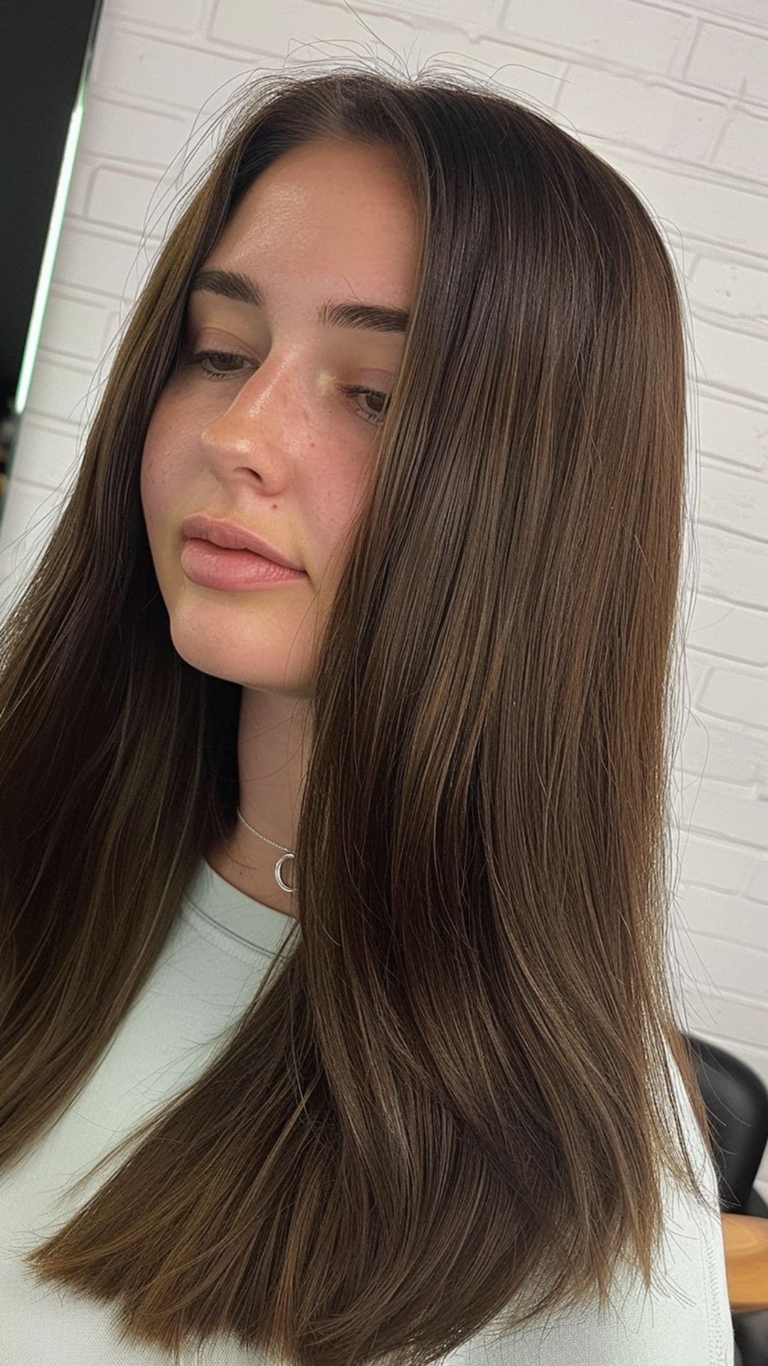 A woman modelling a chocolate brown hair.