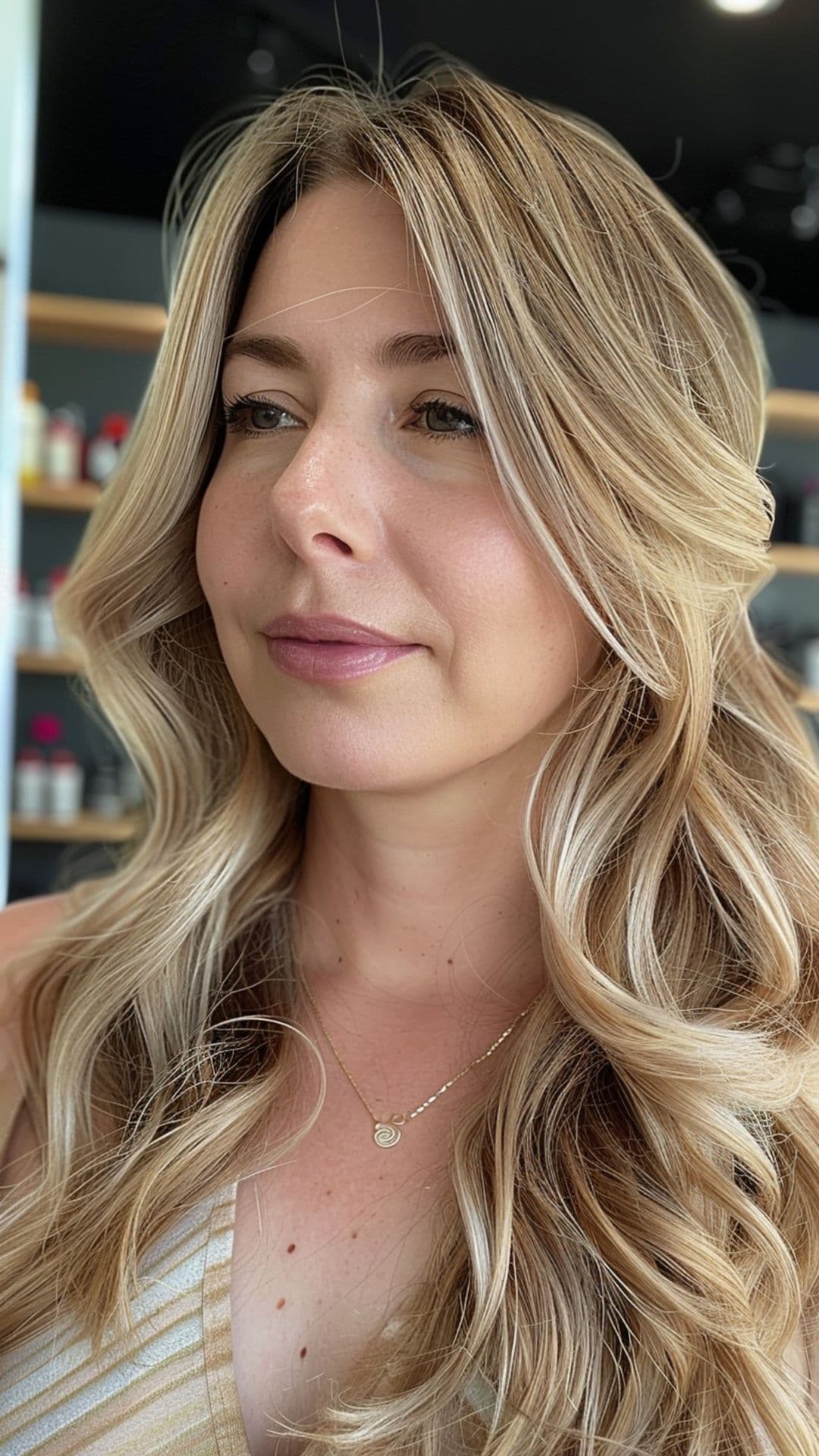 A woman modelling a sandy blonde hair.