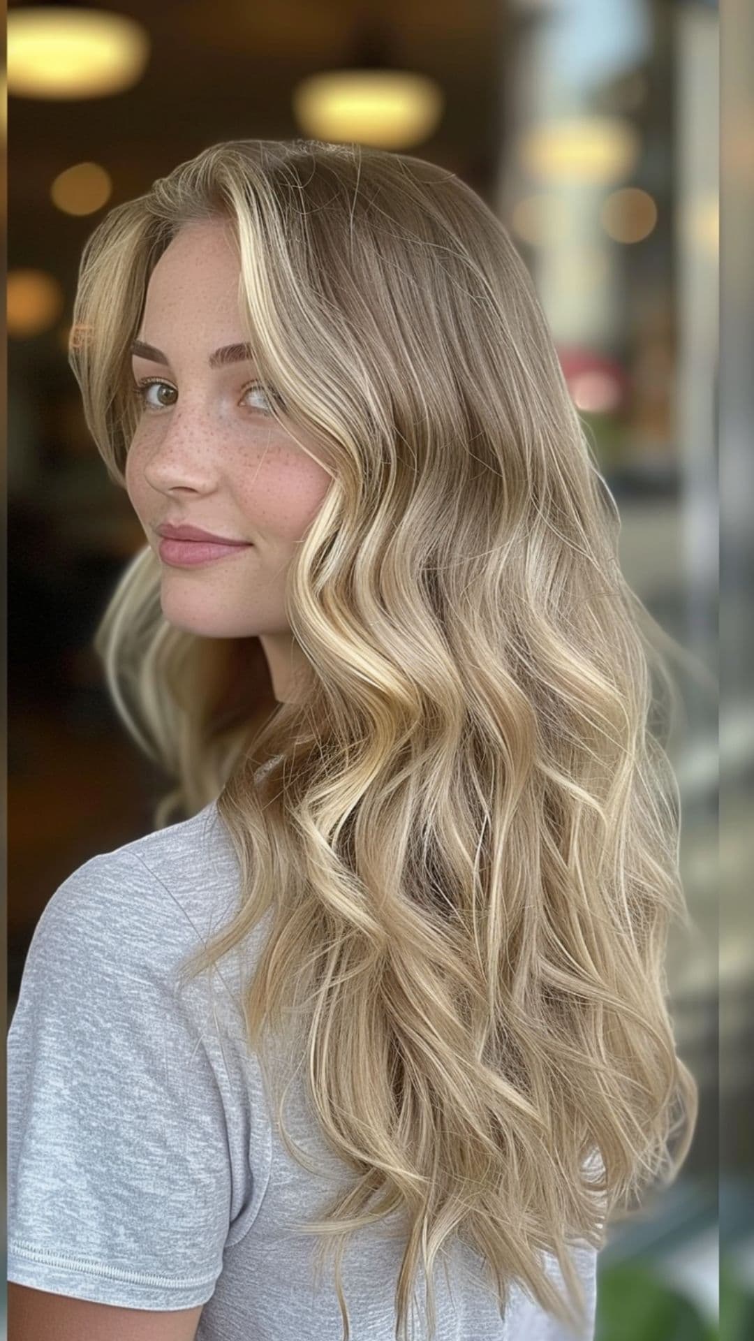 A woman modelling an ash blonde hair.