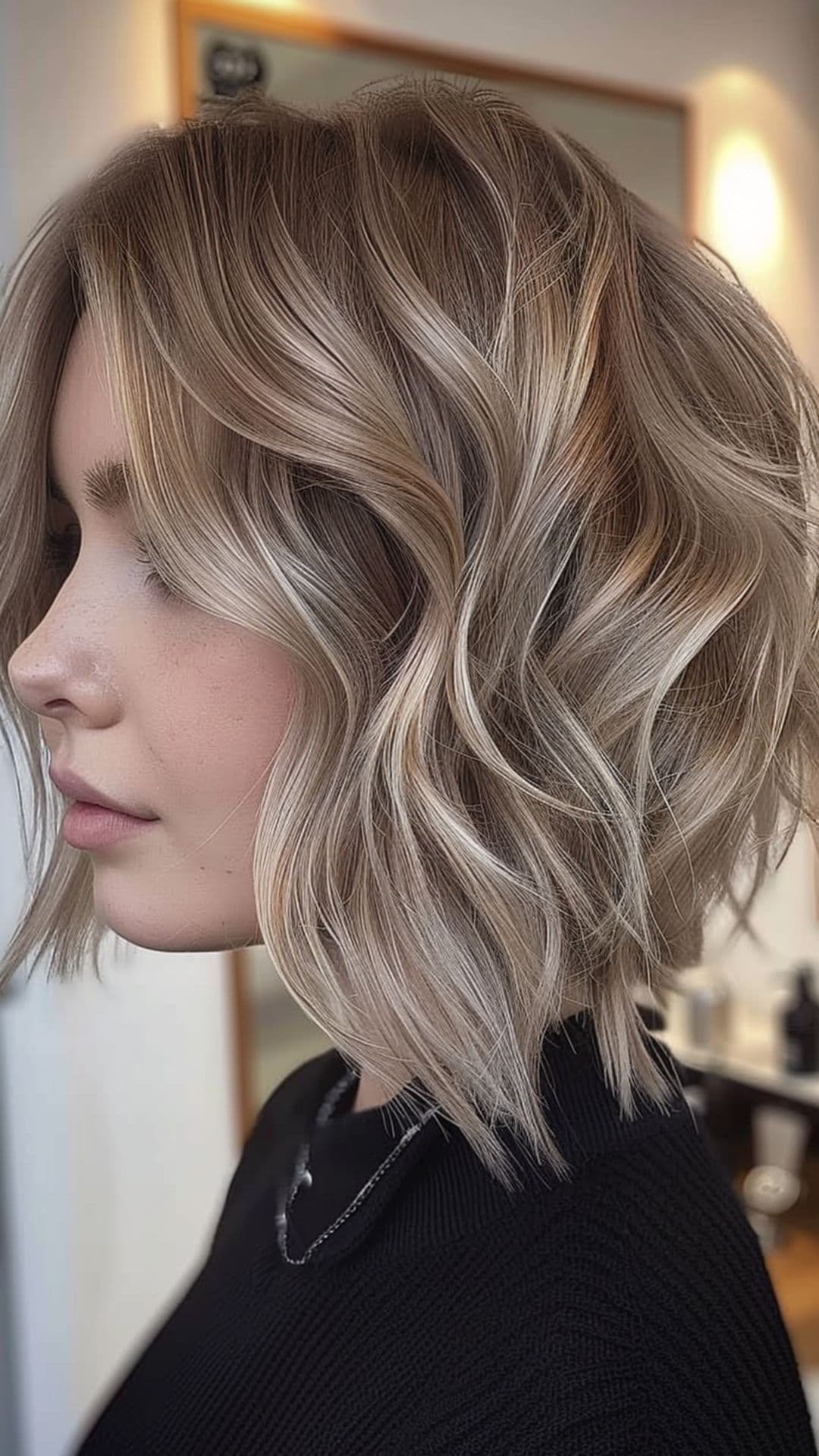 A woman modelling an ash blonde balayage choppy bob hair.