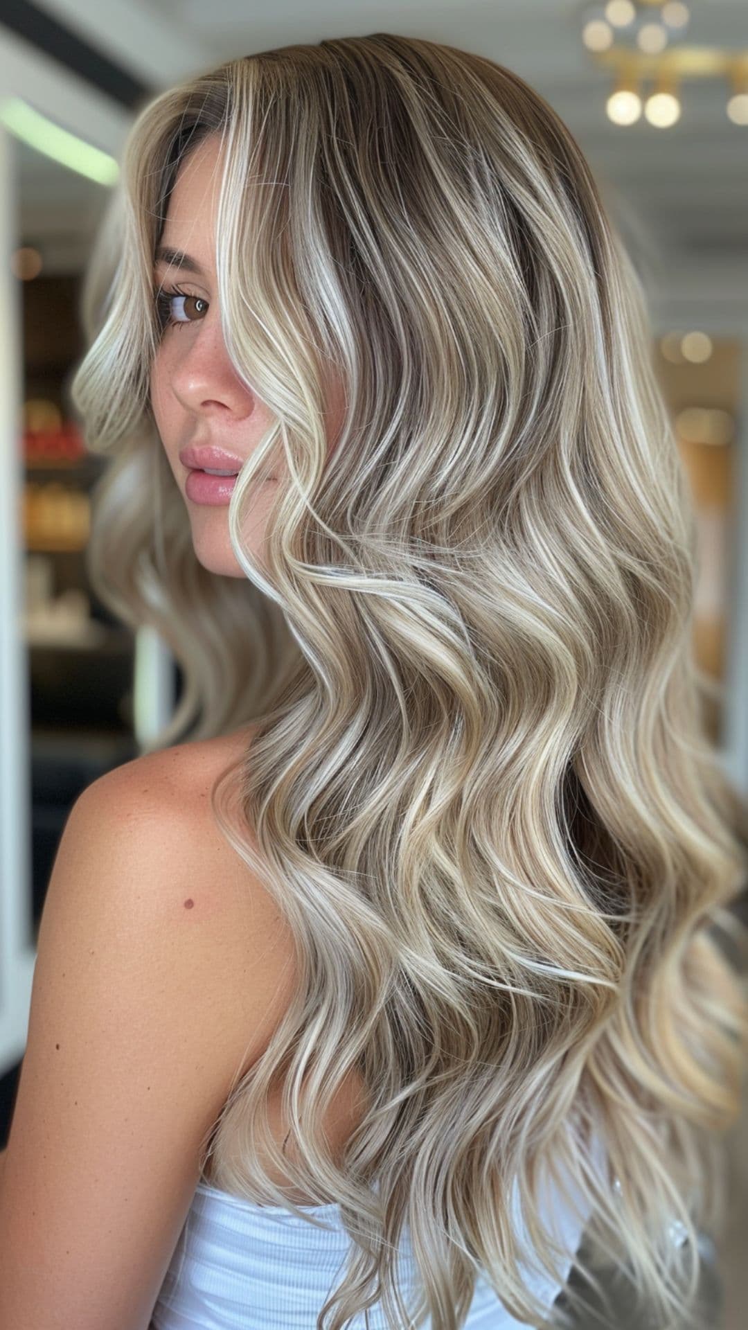 A woman modelling an ash blonde balayage.