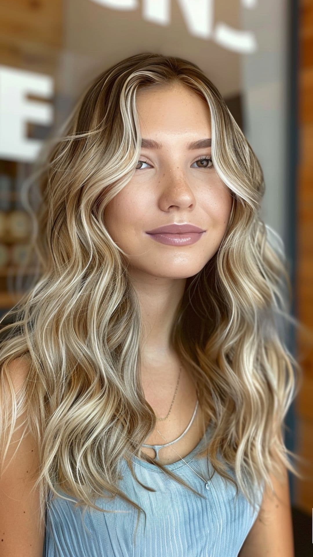 A woman modelling an ash blonde beach waves hairstyle.