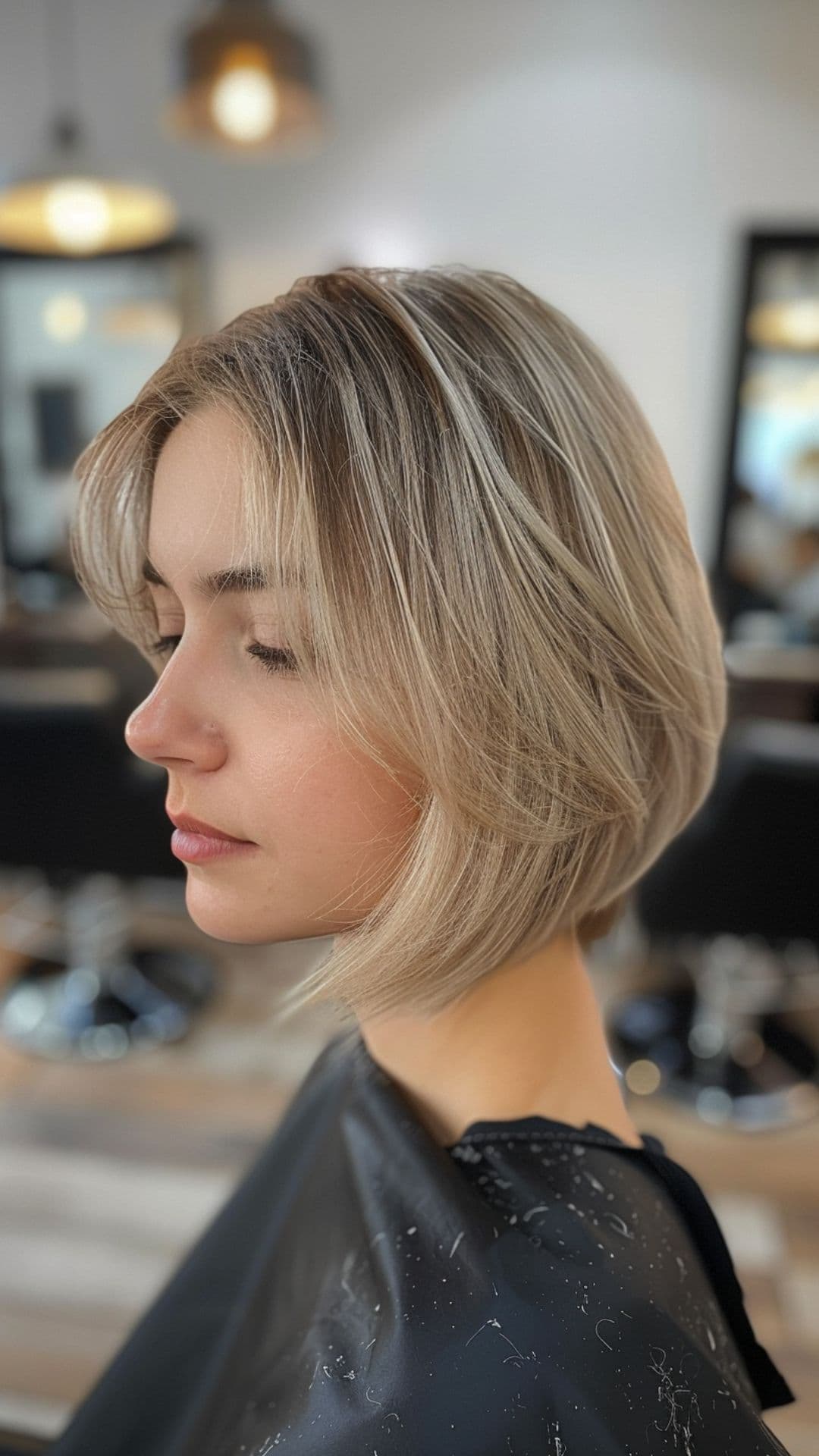 A woman modelling an ash blonde bob haircut.