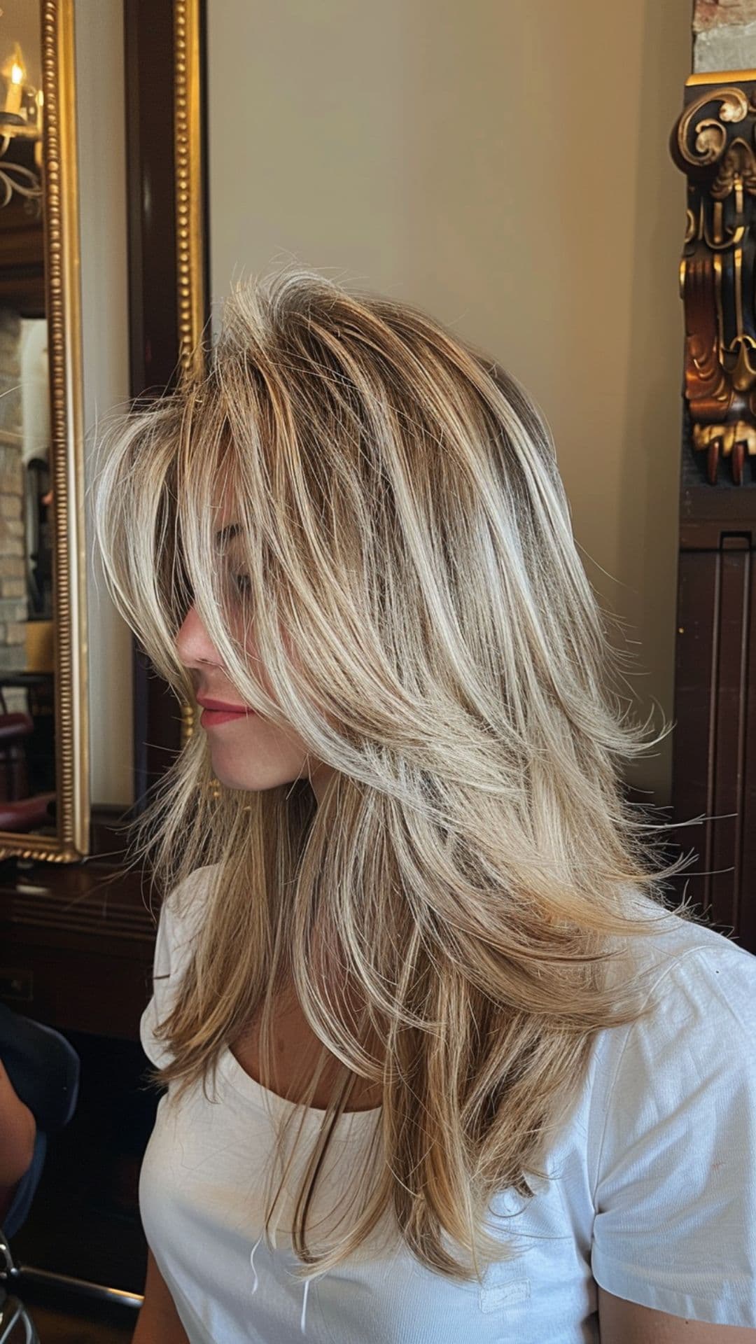 A woman modelling an ash blonde chunky highlights hair.