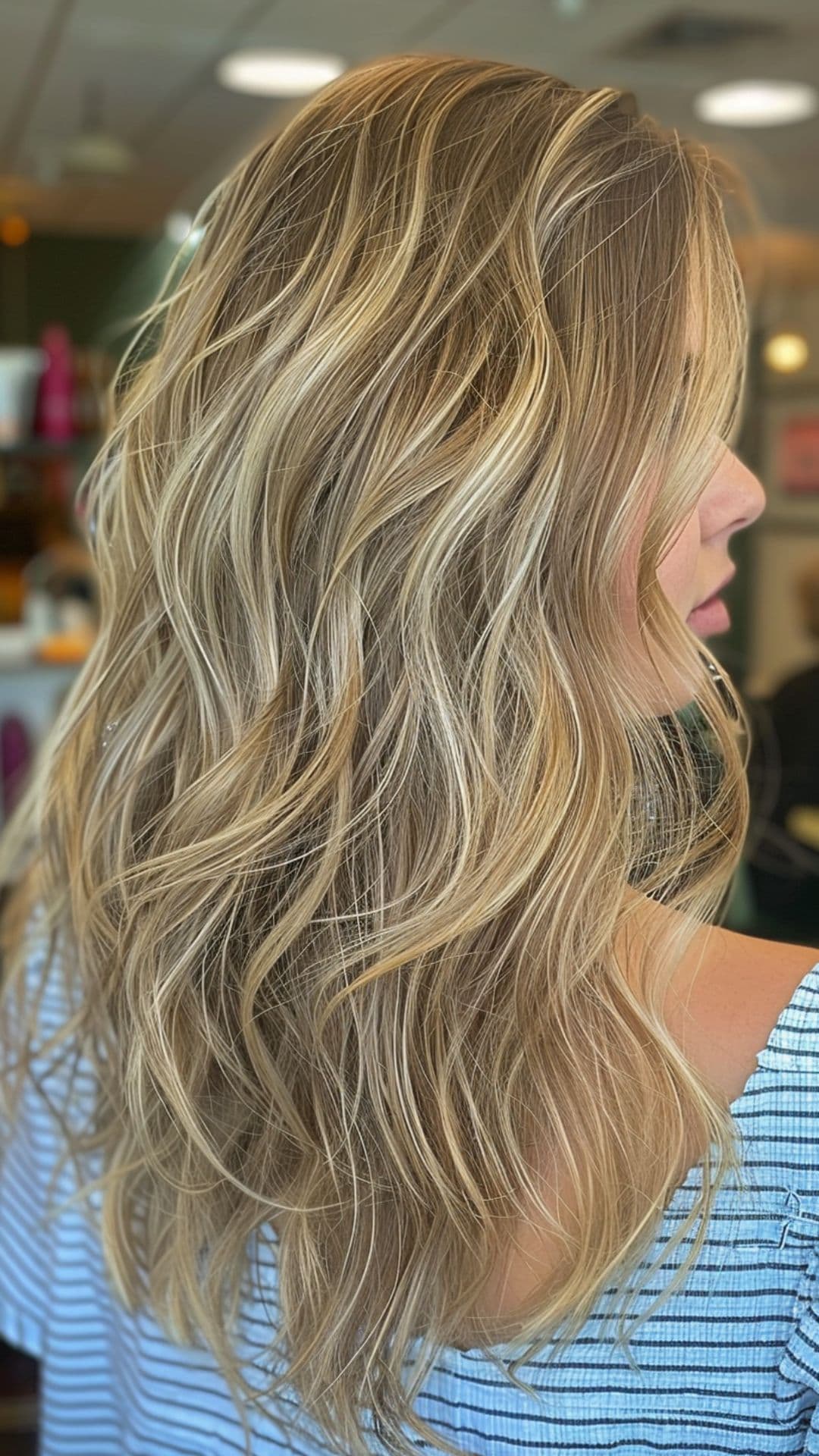 A woman modelling an ash blonde highlights hair.