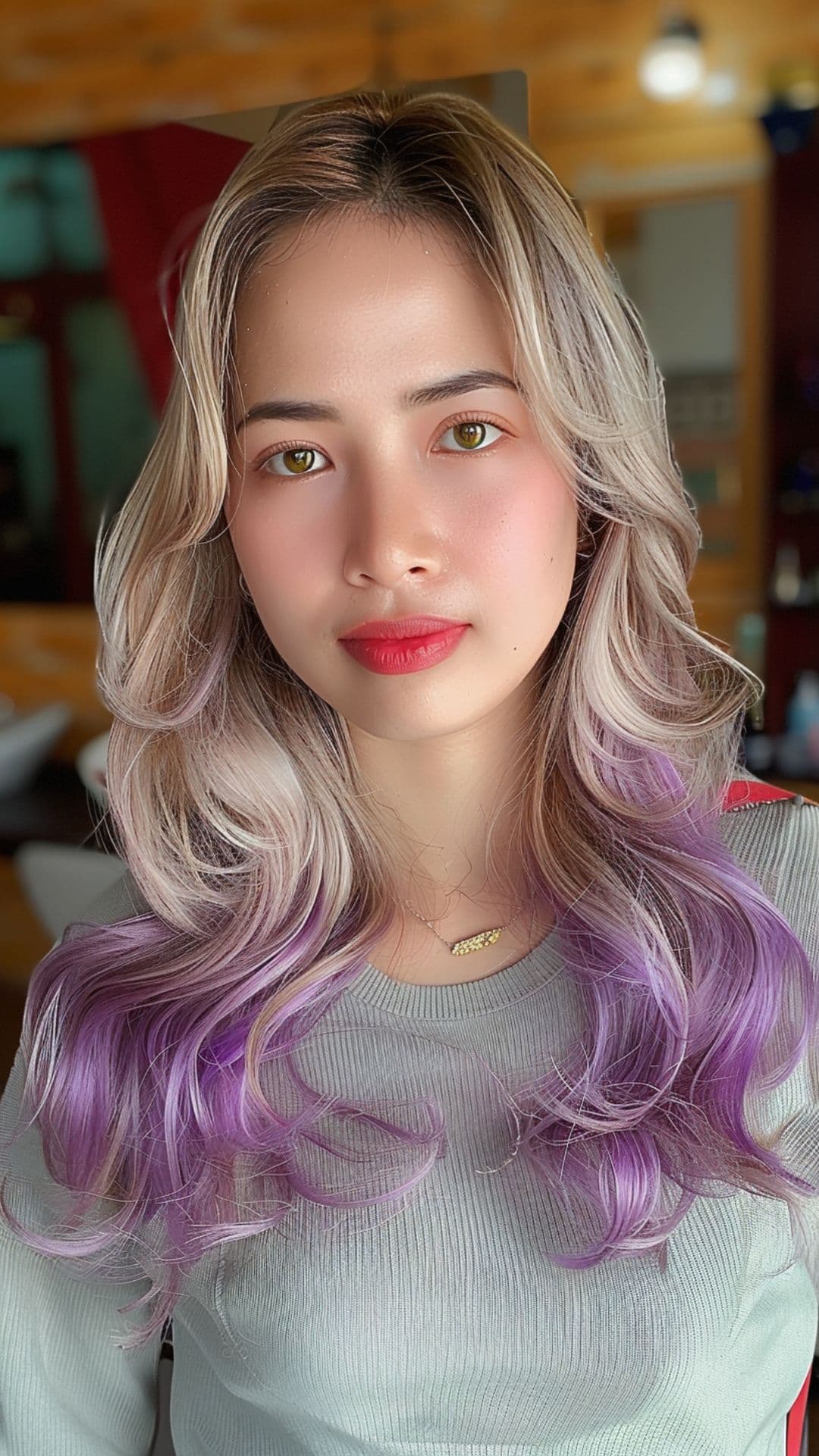 A woman modelling an ash blonde and lavender ombre hair.