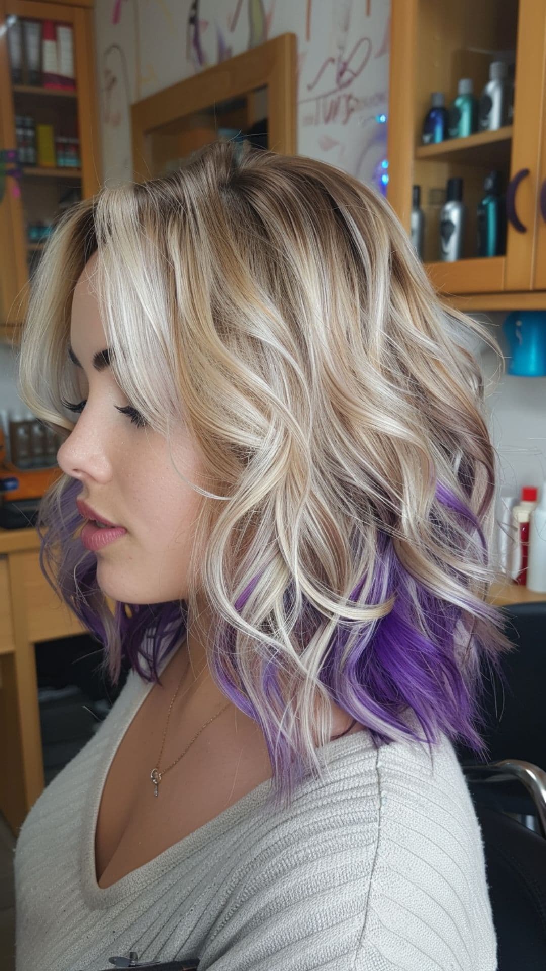 A woman modelling an ash blonde hair and purple tips.