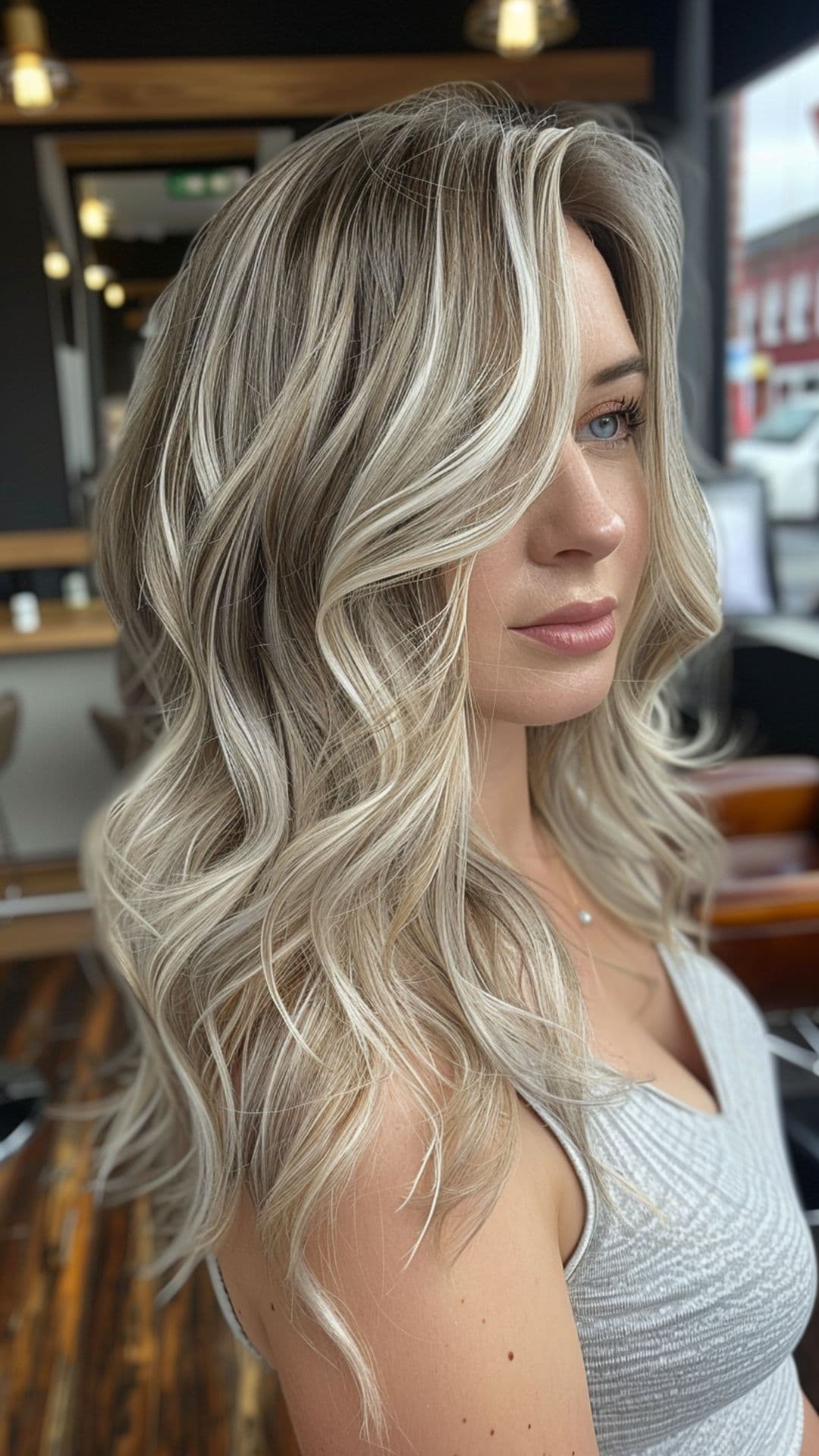 A woman modelling an ash blonde hair with dark brown lowlights.