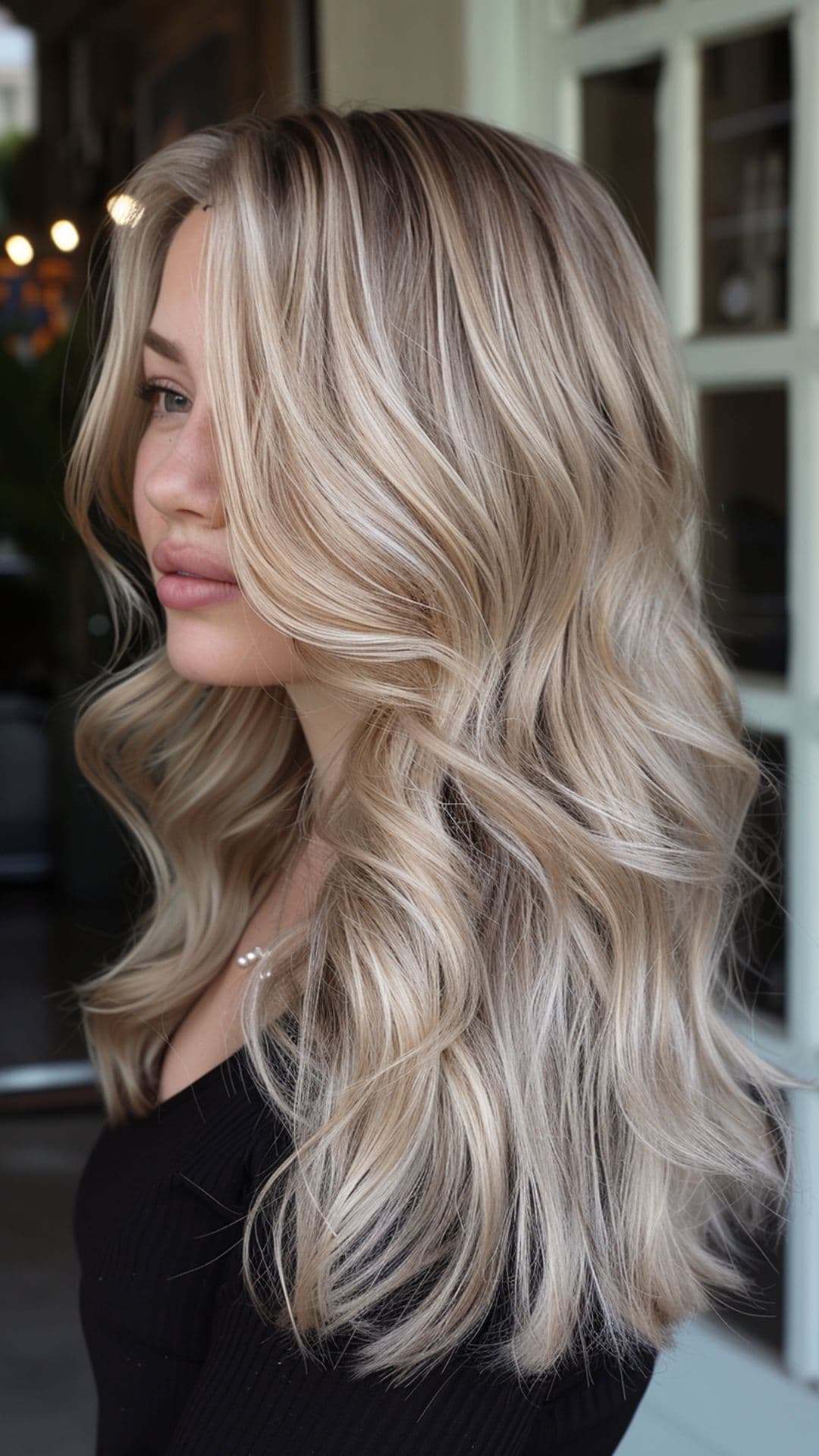 A woman modelling an ash blonde hair with silver tones.