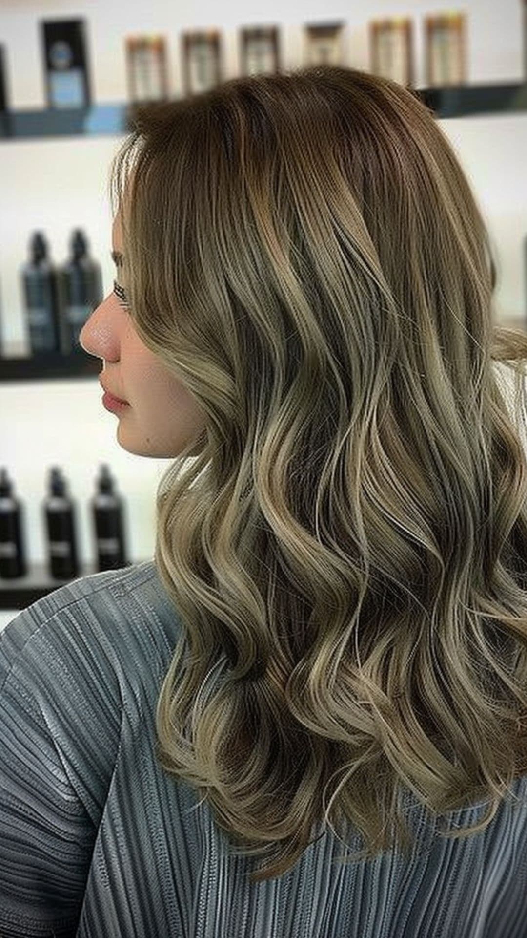 A woman modelling an ash green hair.