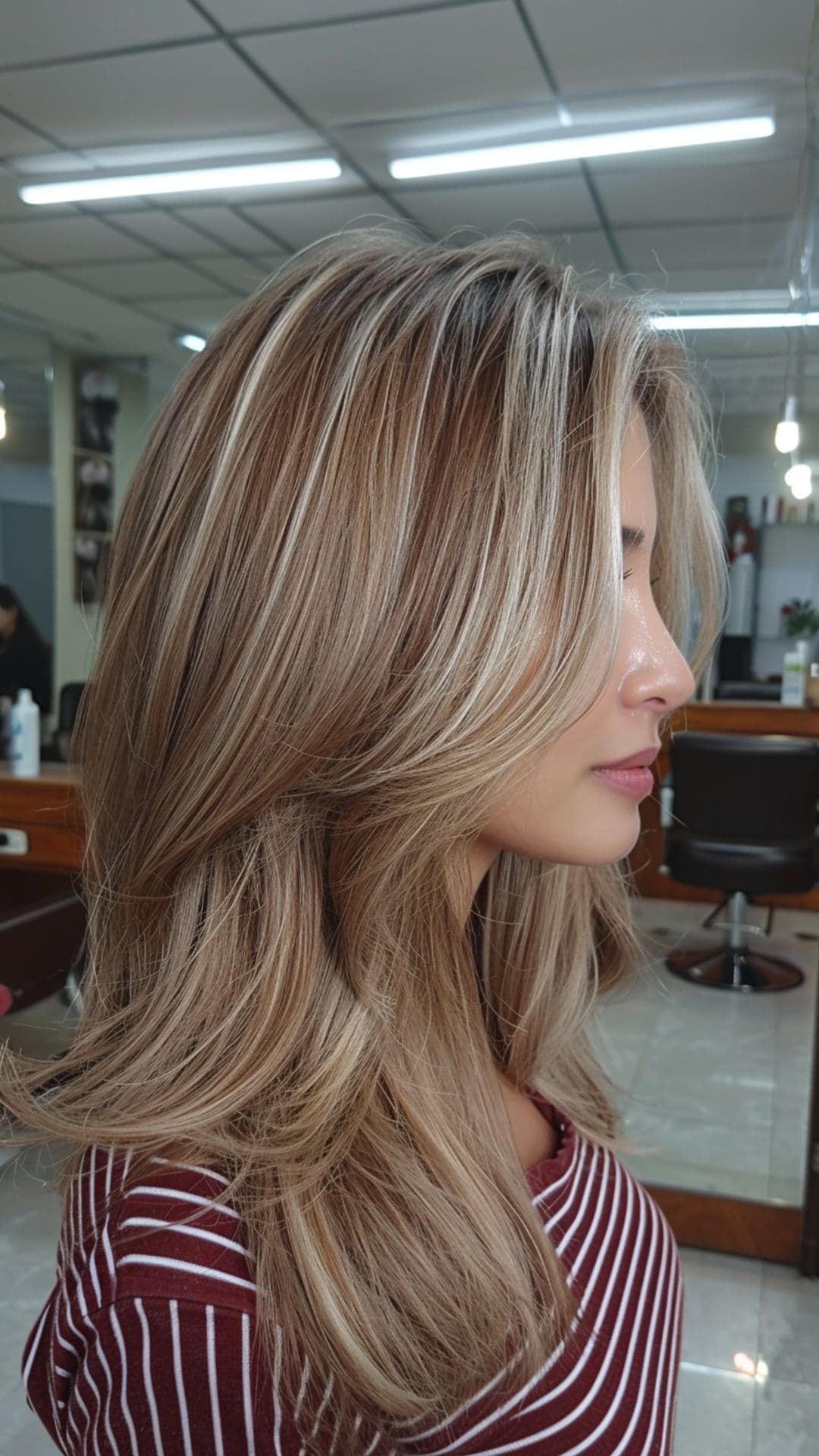 A woman modelling an ash milk tea balayage.