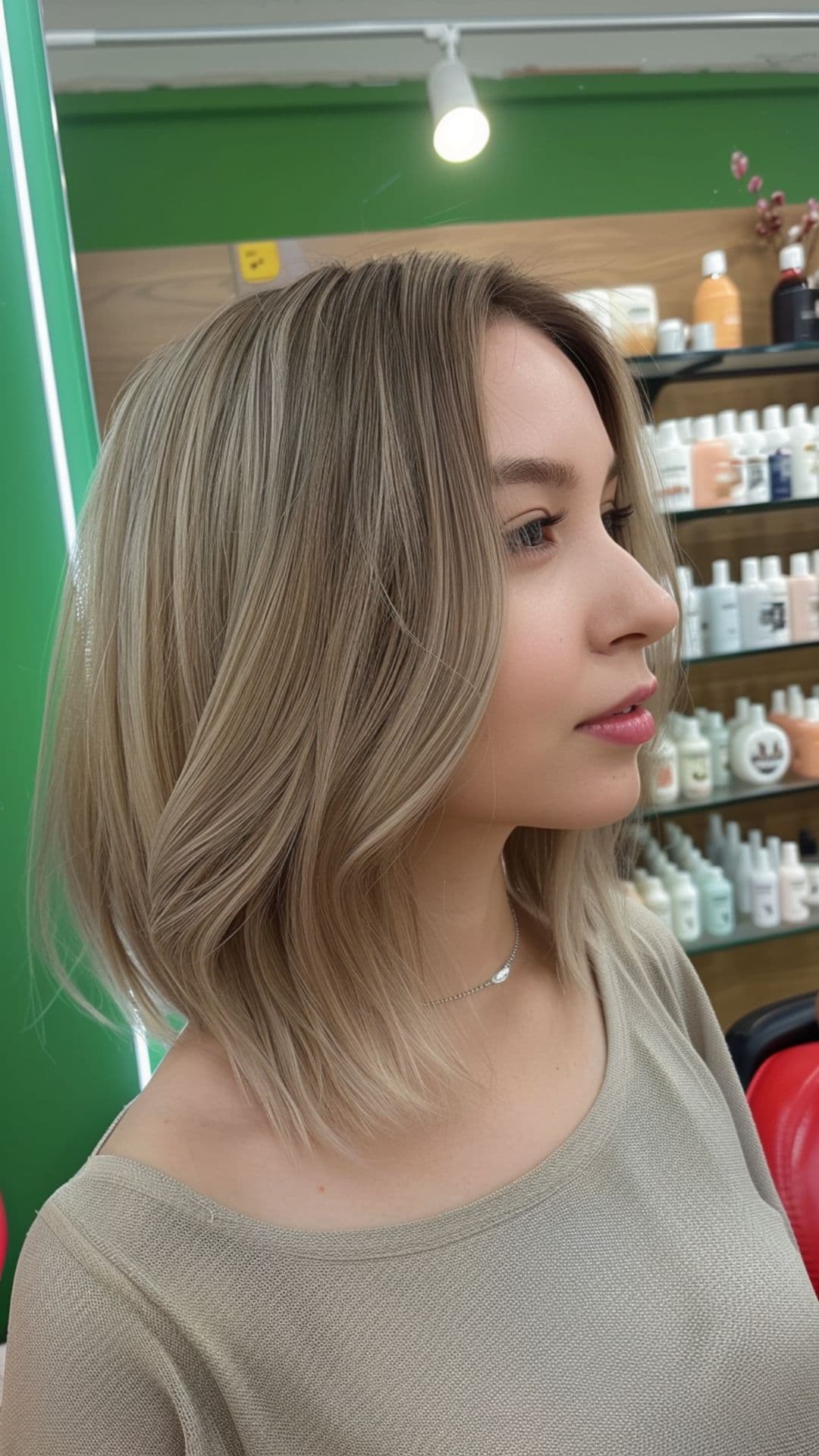 A woman modelling an ash milk tea hair.