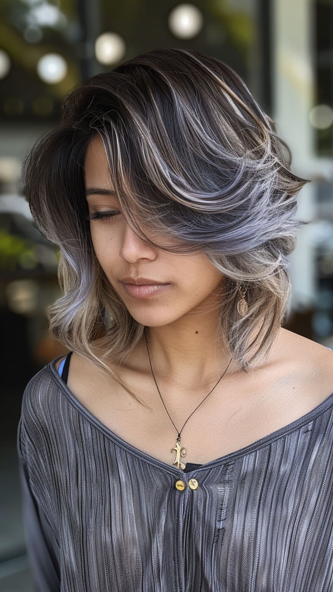 A woman modelling an ash ombre hair.