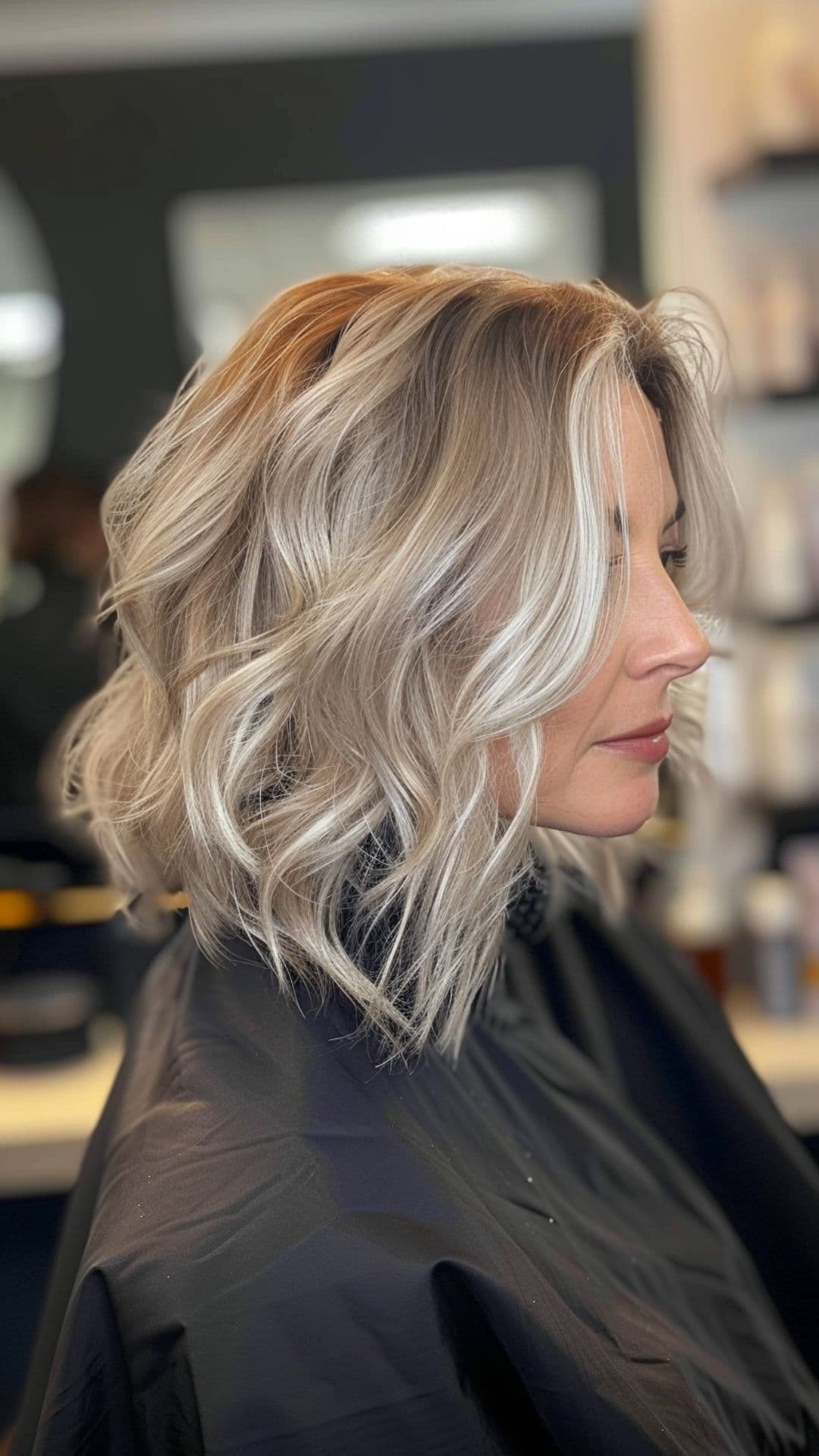 An old woman modelling an ashy blonde wavy hair.