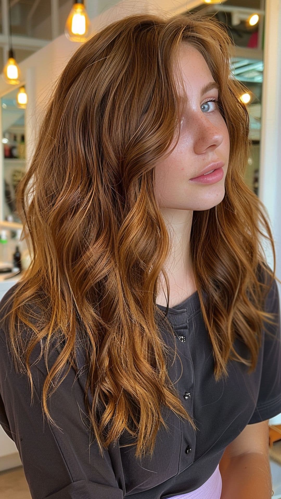 A woman modelling an auburn balayage hair.