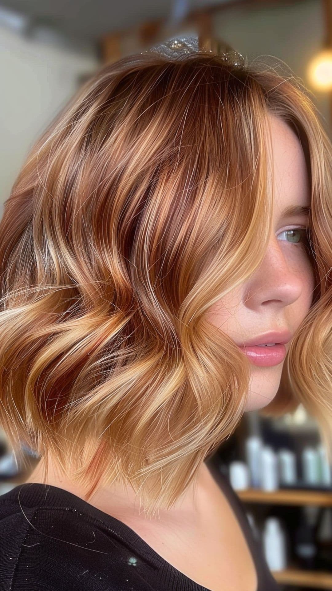 A woman modelling an auburn blonde balayage choppy bob hair.