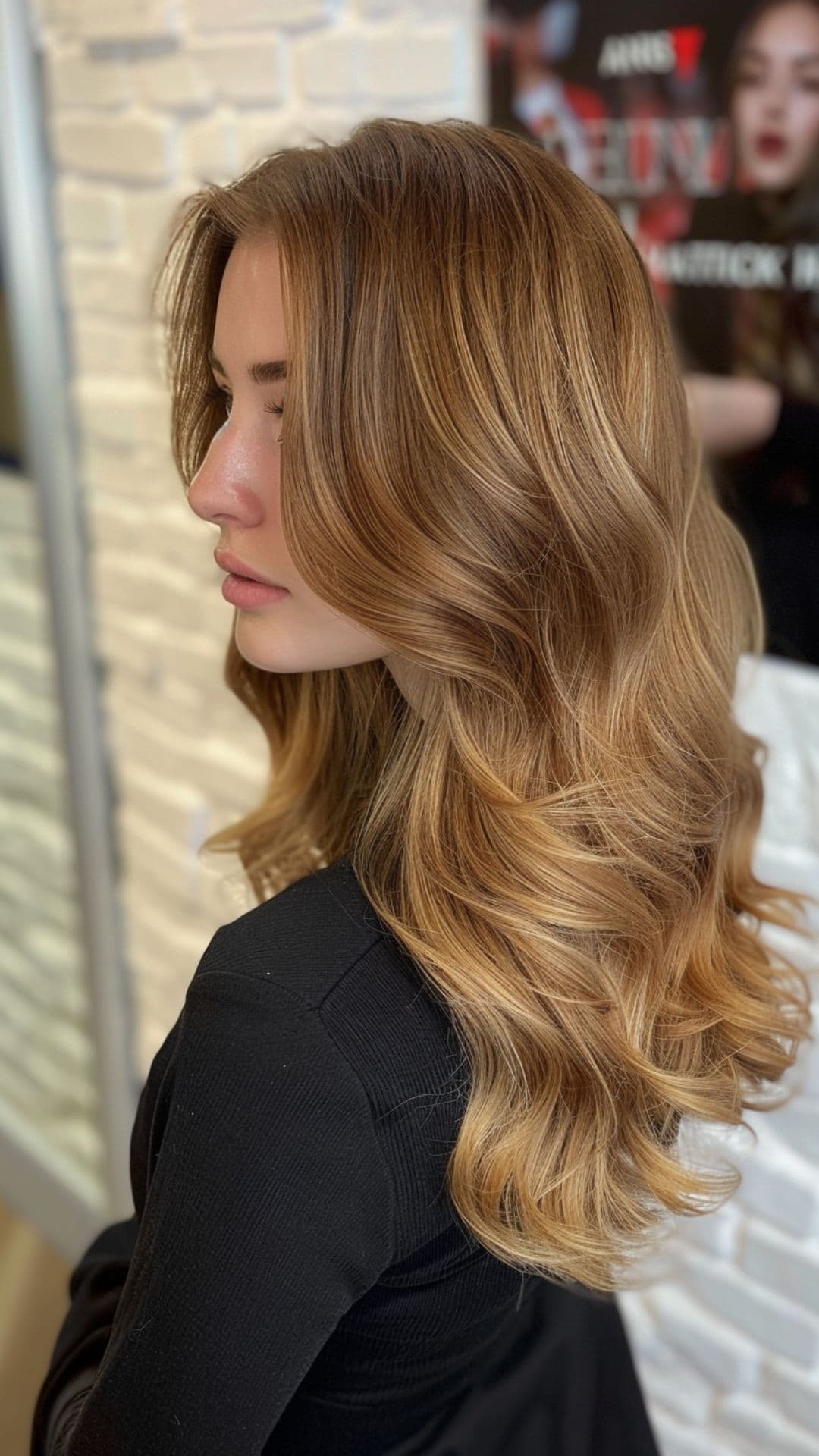 A woman modelling an auburn brown balayage.