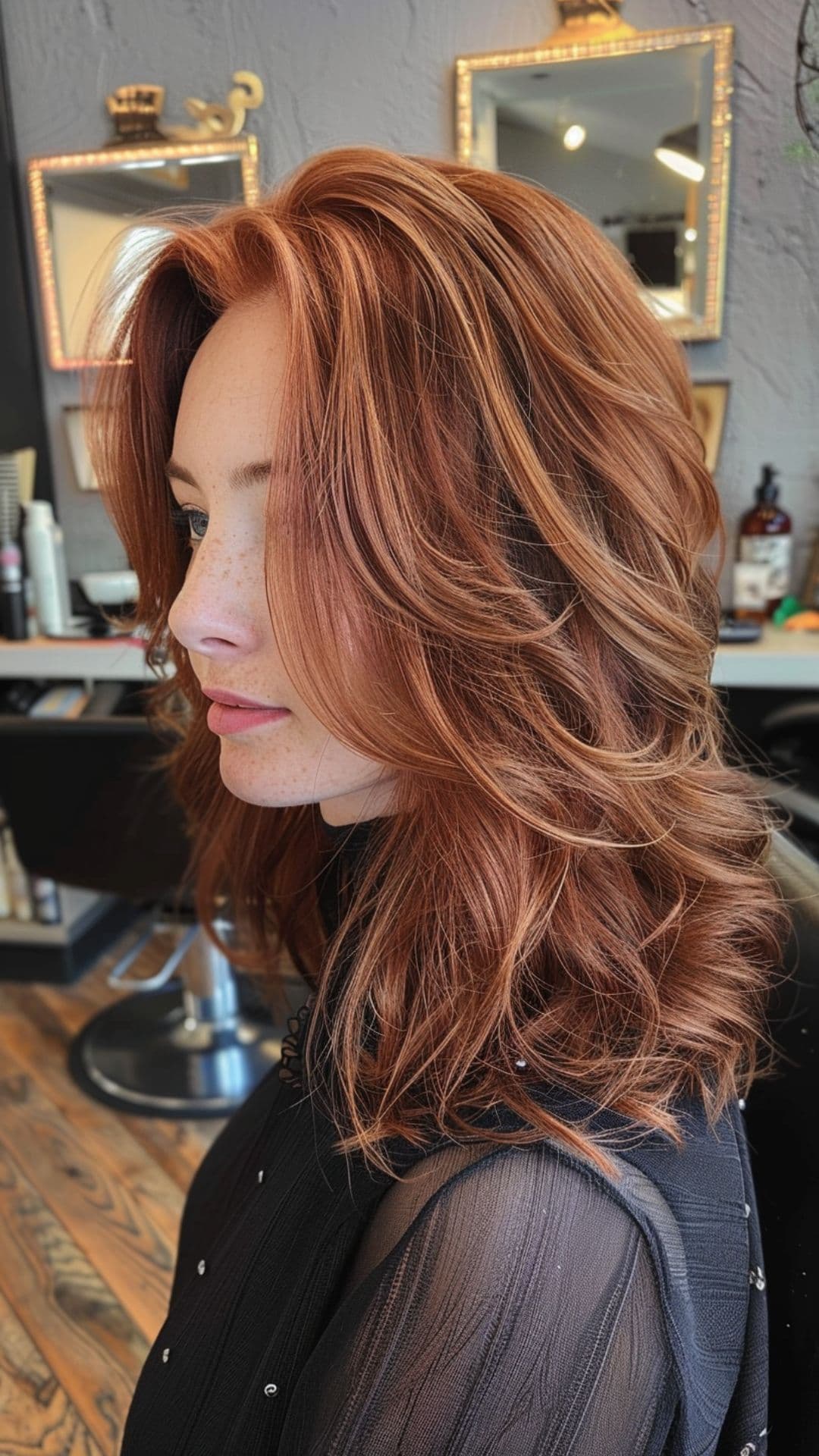 A woman modelling an auburn hair with caramel highlights.