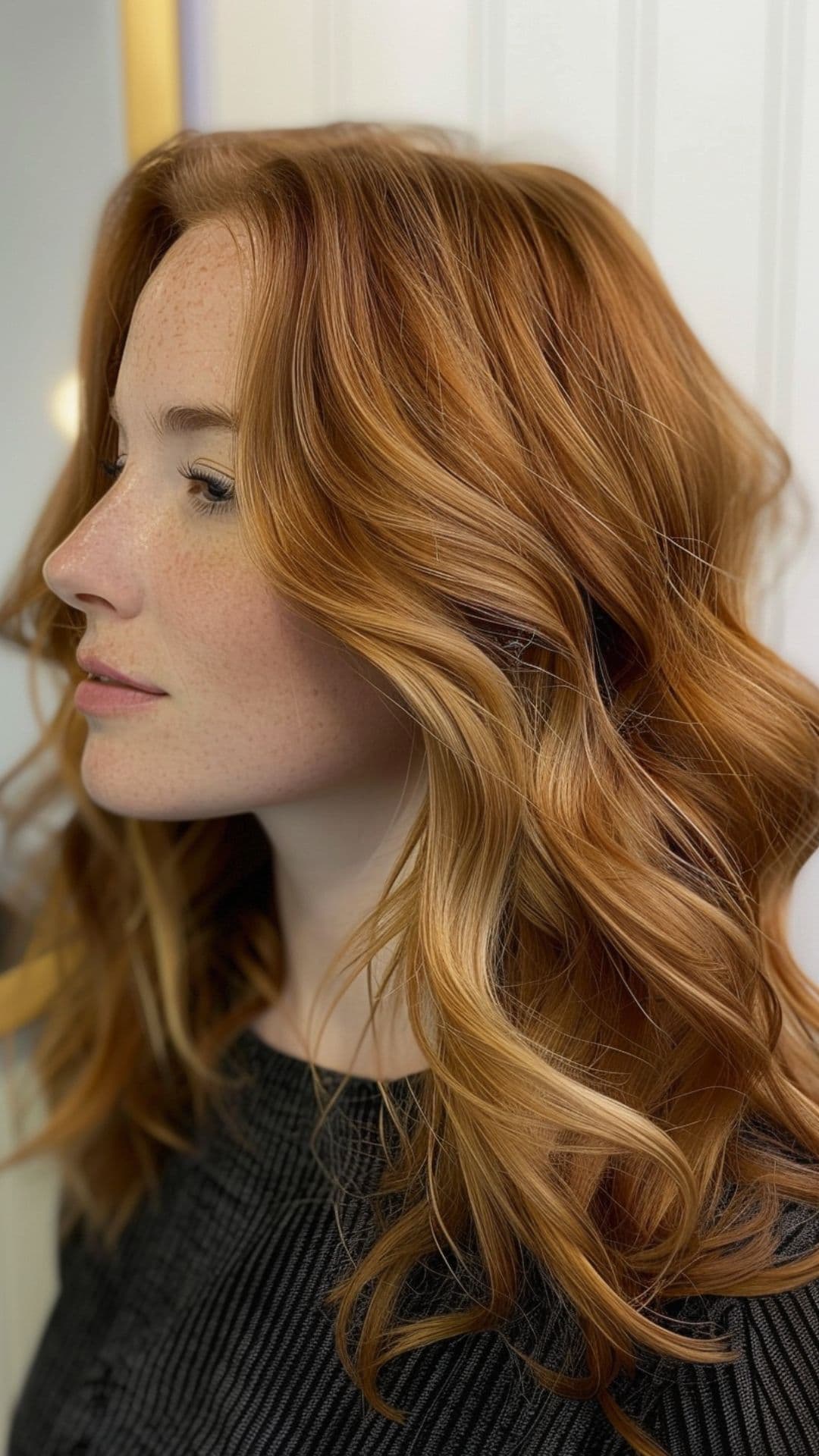 A woman modelling an auburn hair with copper highlights.