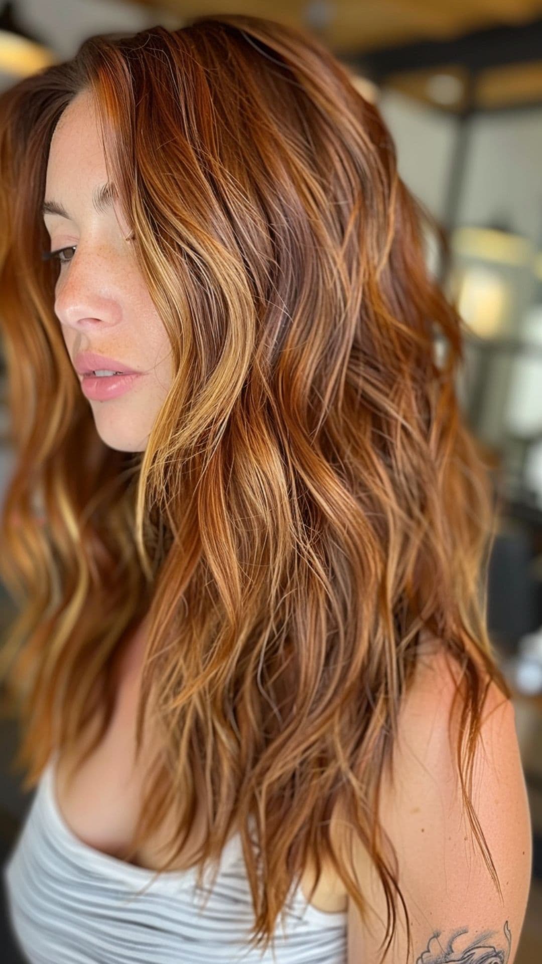 A woman modelling an auburn hair with gold highlights.