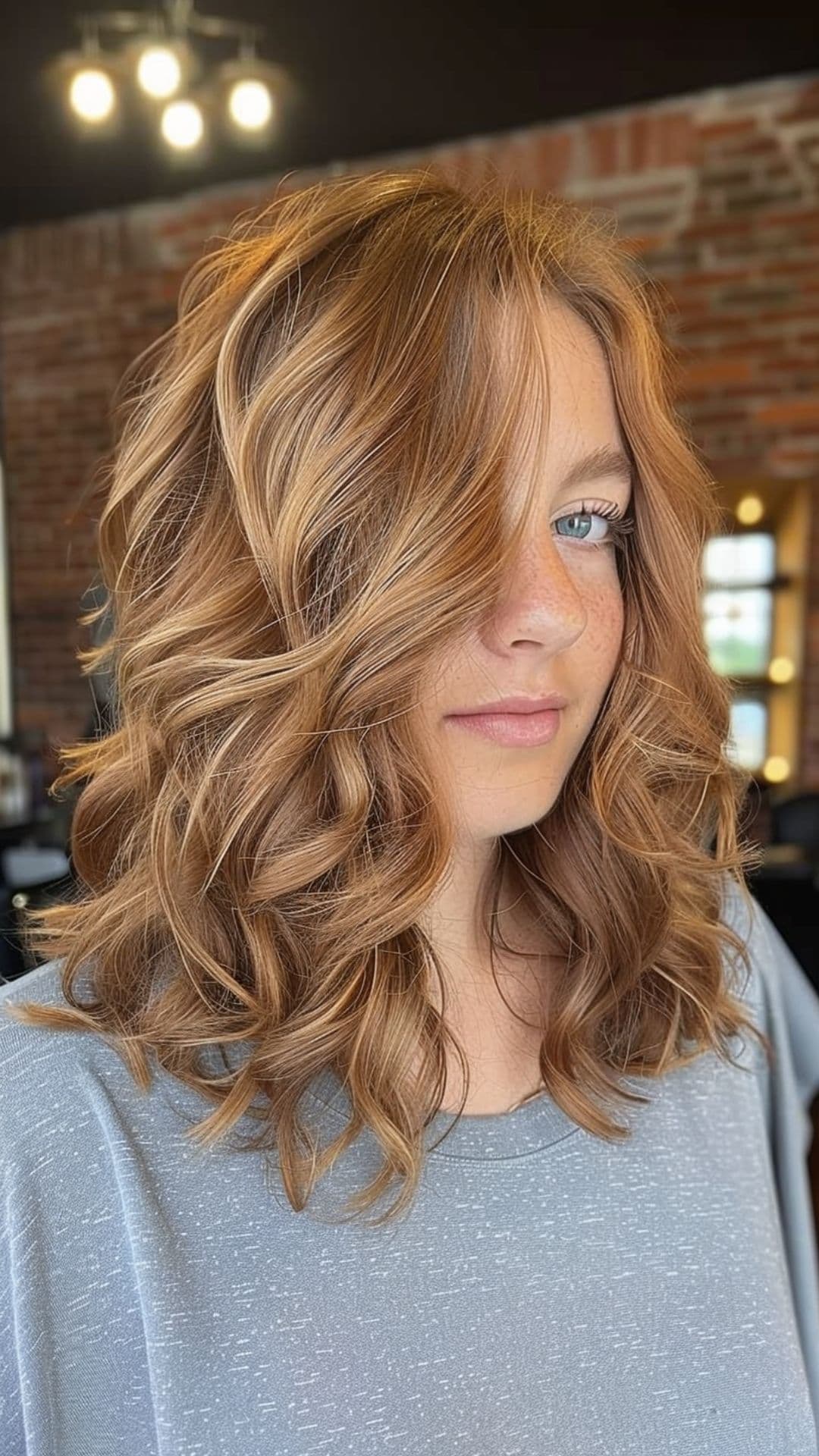 A woman modelling an auburn hair with honey blonde highlights.