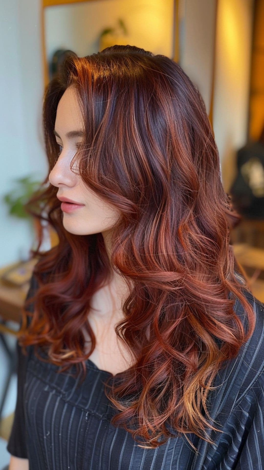 A woman modelling an auburn hair with red highlights.