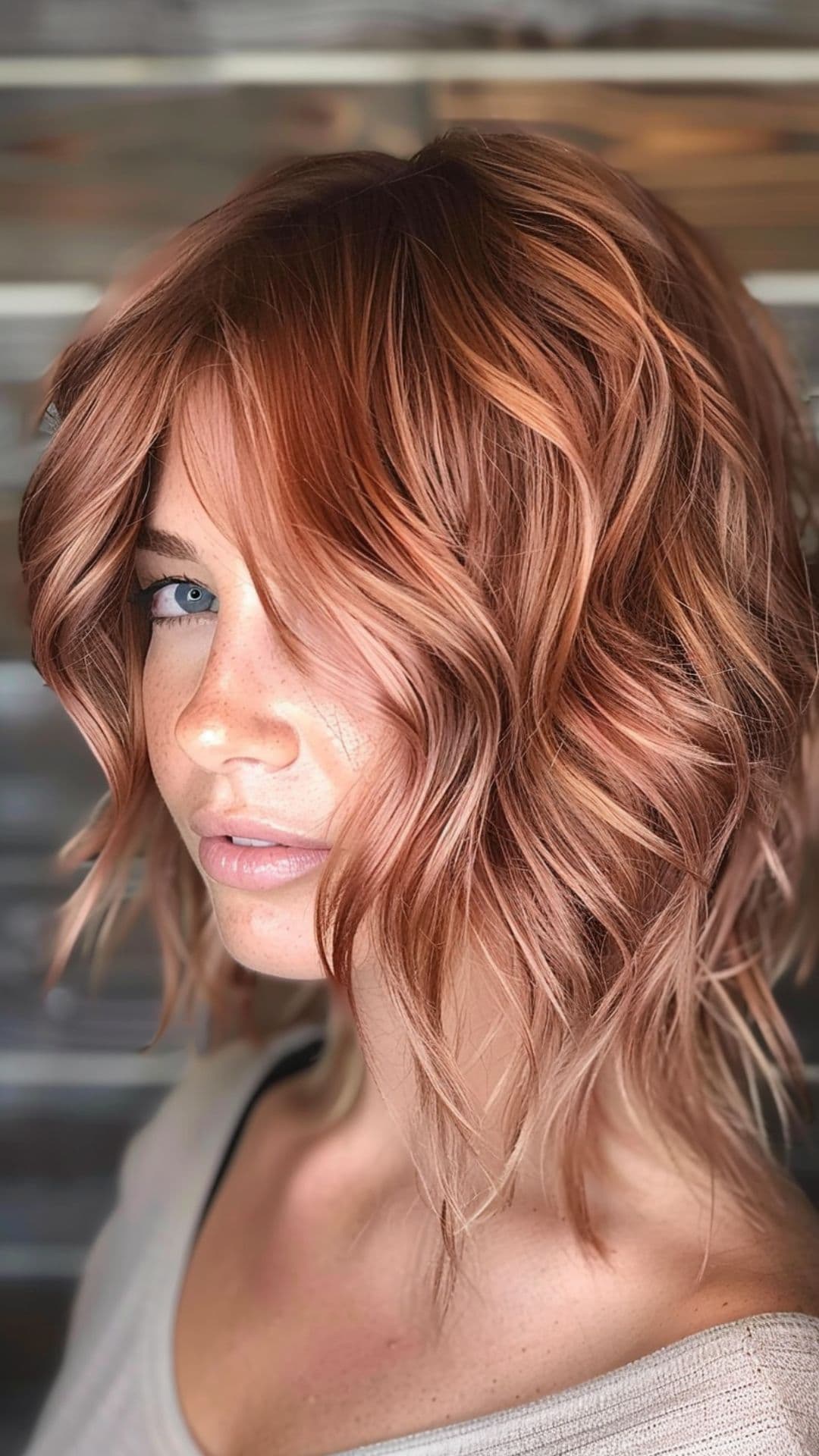 A woman modelling an auburn hair with rose gold and mauve.