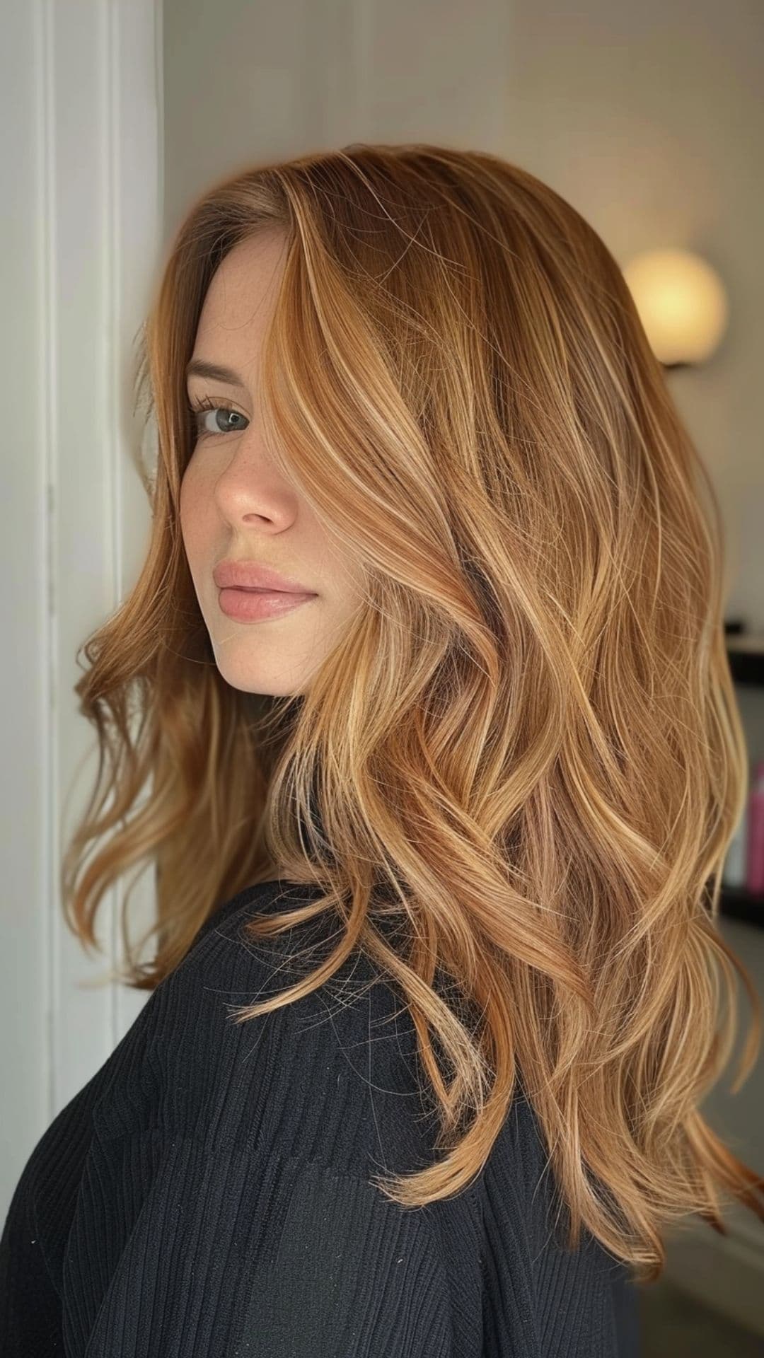 A woman modelling an auburn hair with strawberry blonde.