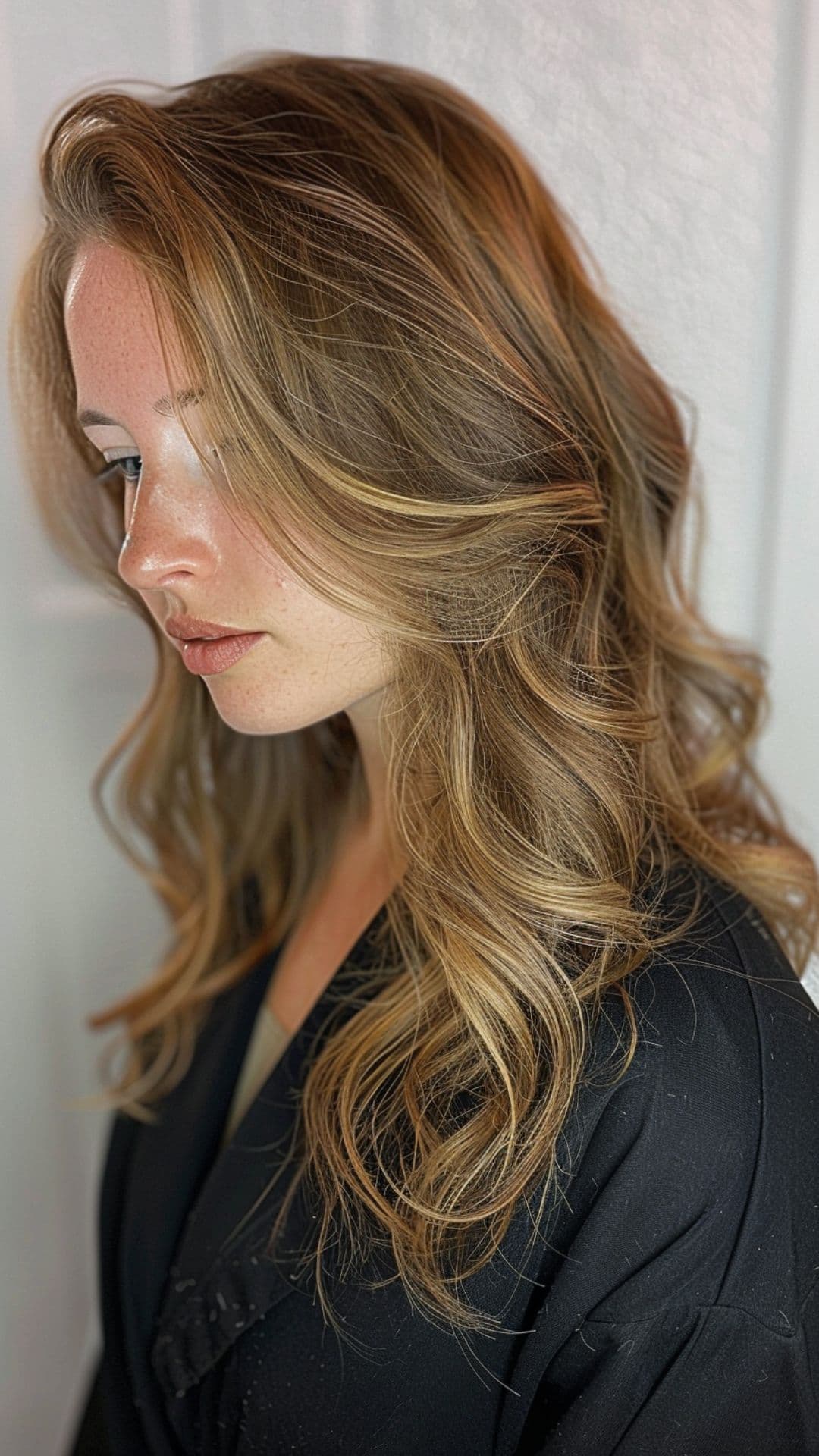 A woman modelling an auburn hair with sunkissed highlights.