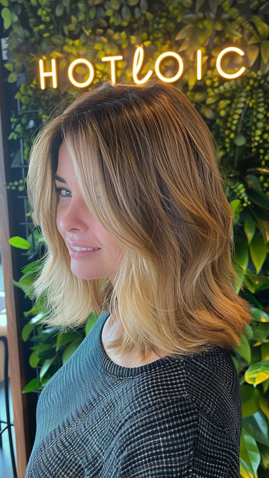 A round-faced woman modelling a a balayage with dark roots on a shoulder-length cut.