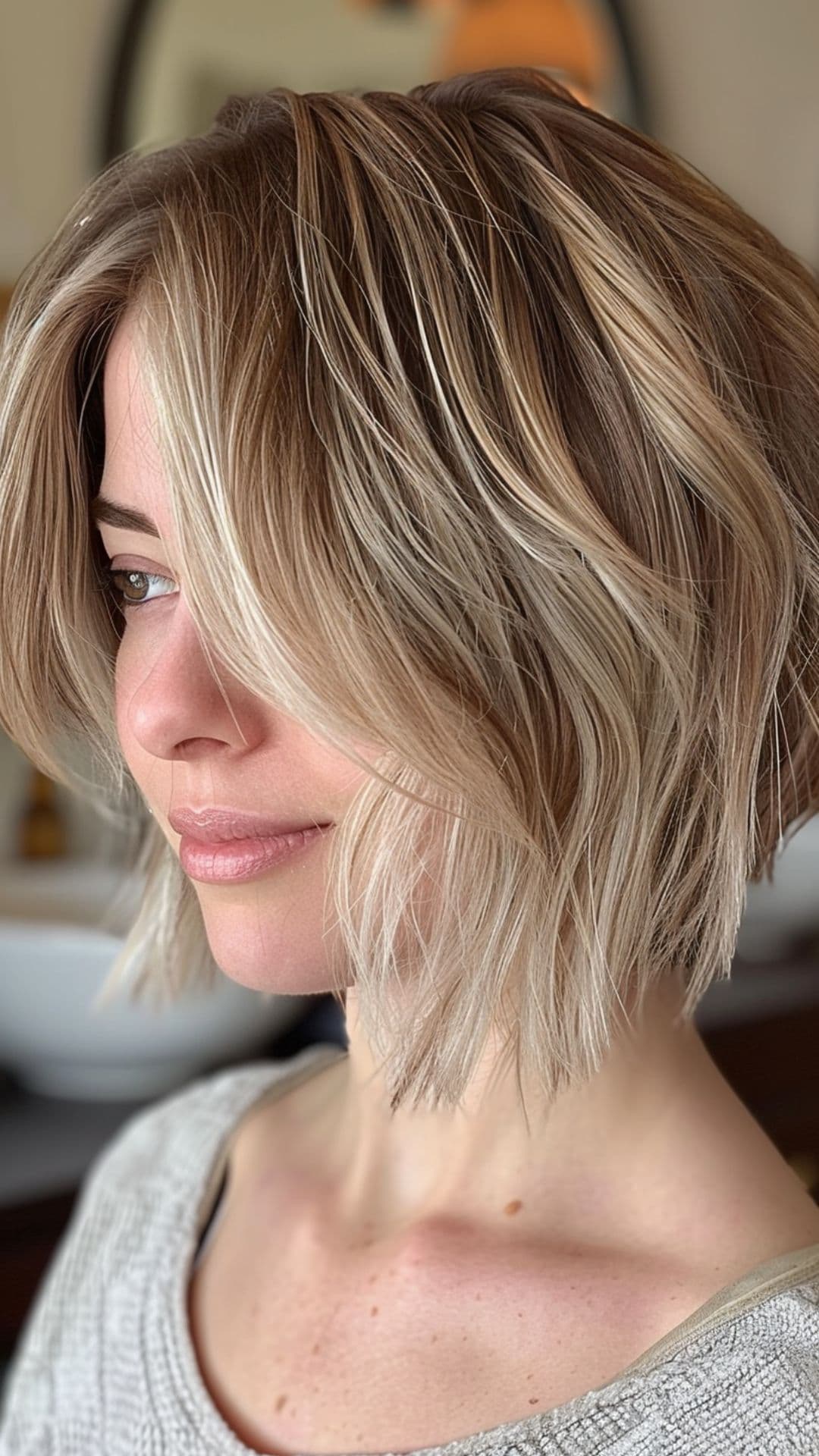 A woman modelling a beige blonde balayage inverted bob hair.