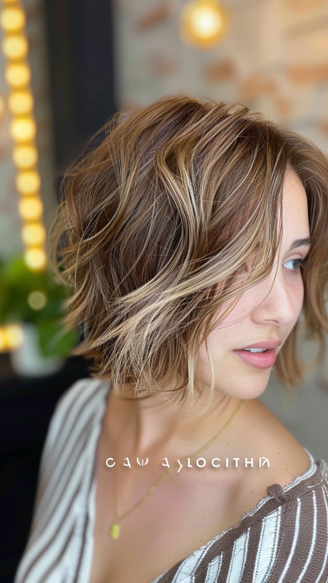 A woman modelling a beige brown short hair with blonde highlights.