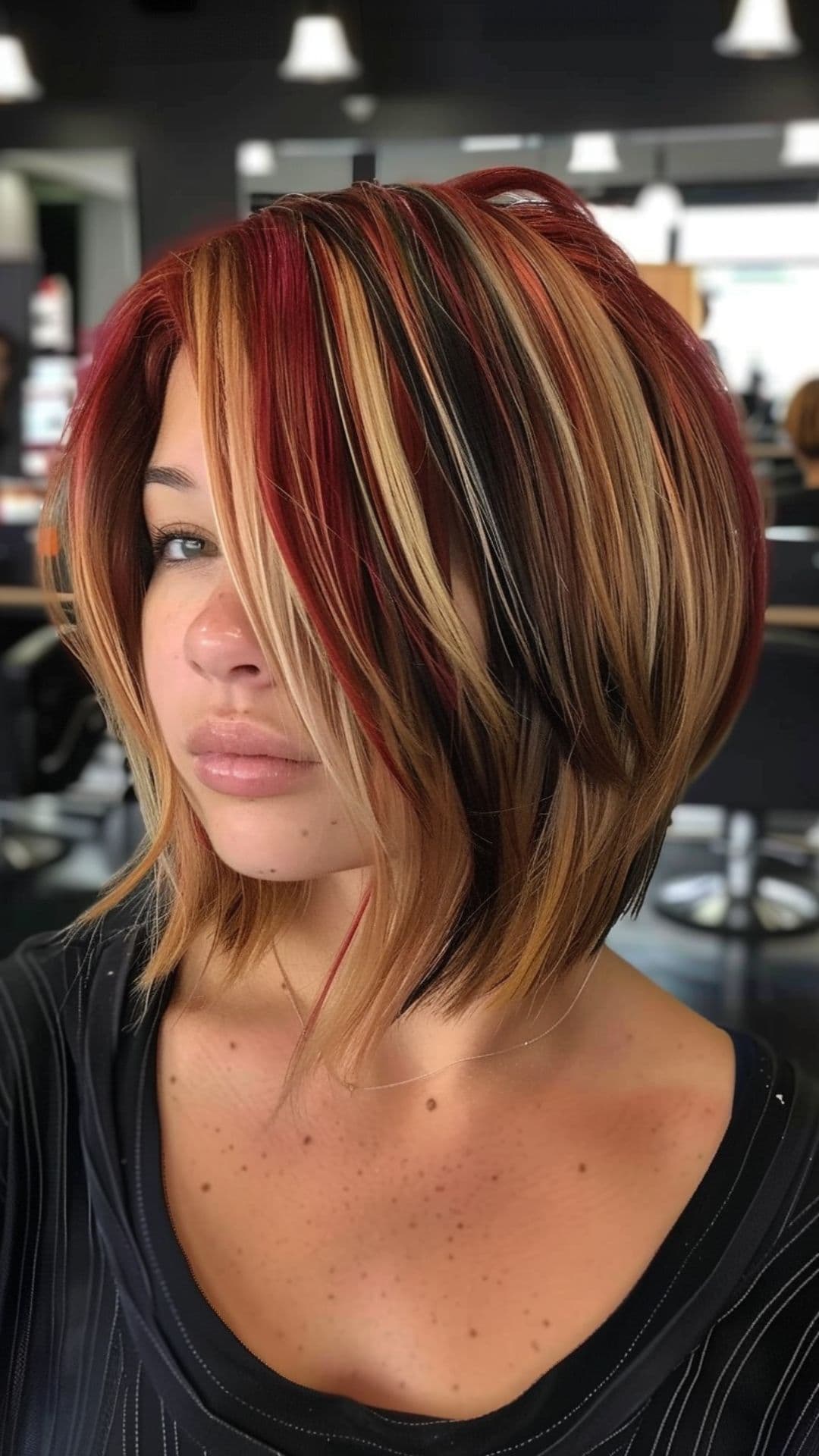 A woman modelling a black, red and blonde chunky highlights hair.