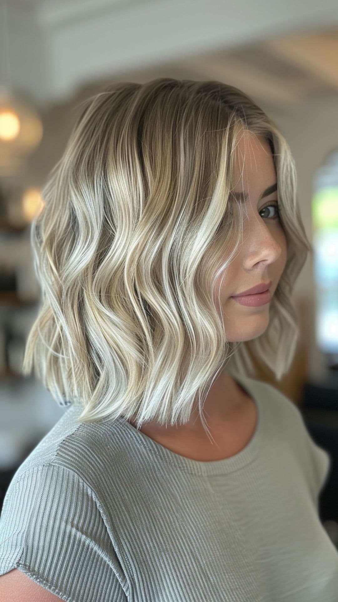 A woman modelling a blonde balayage blunt bob.