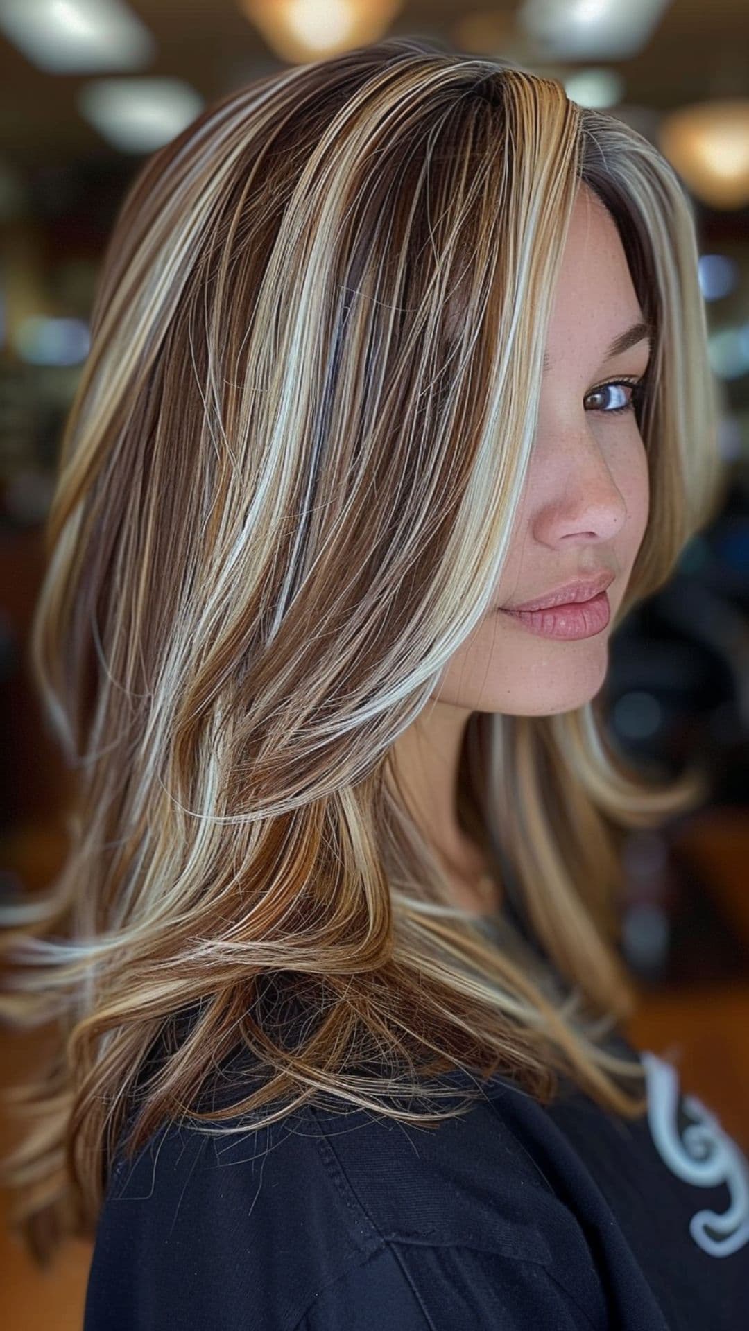 A woman modelling a blonde chunky highlights on light brown hair.