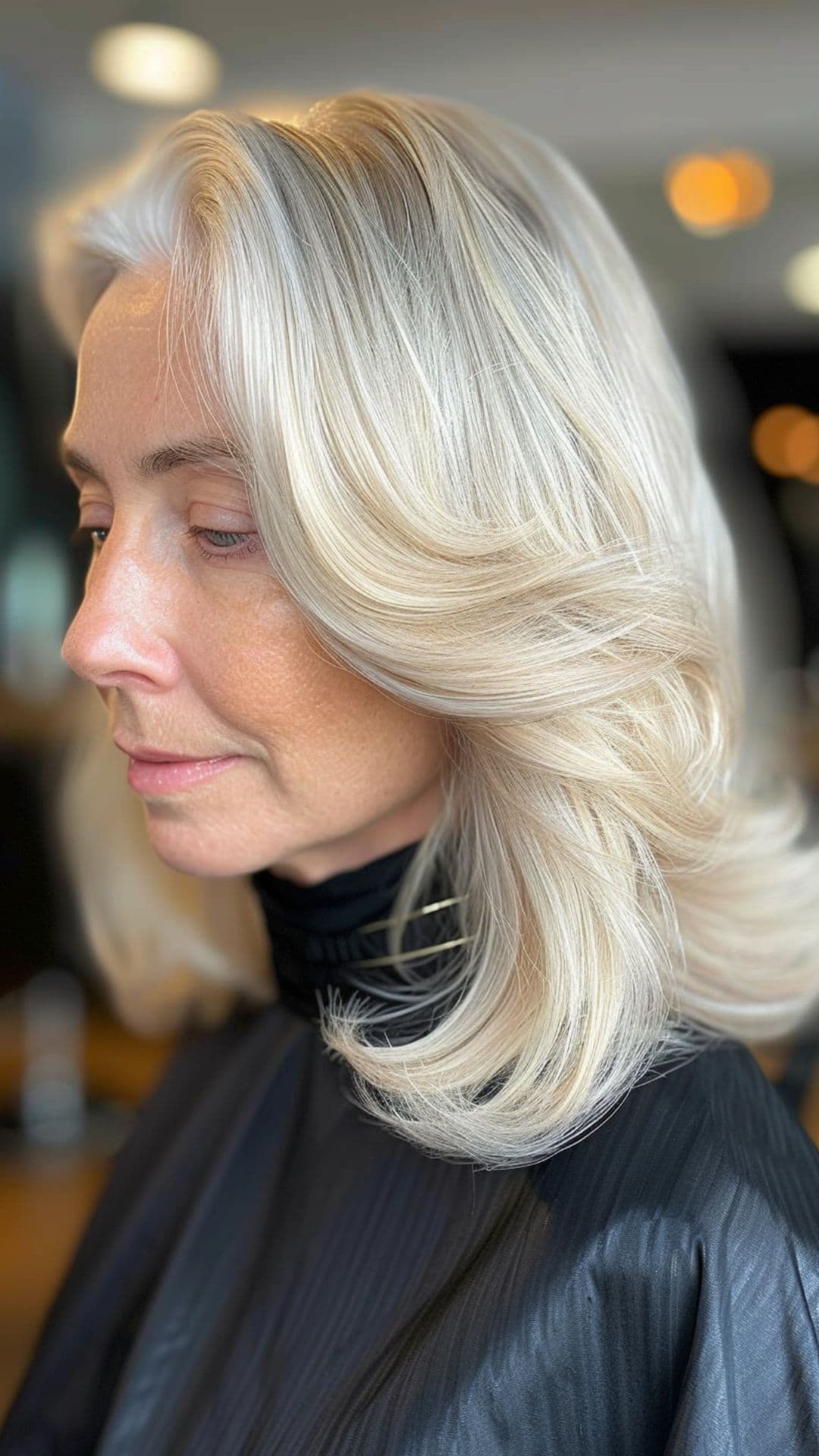 An old woman modelling a blonde feathered layers hairstyle.