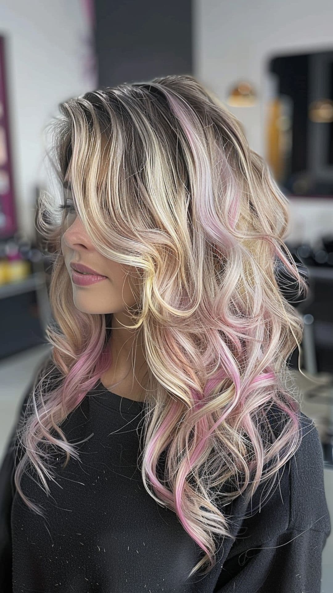 A woman modelling a blonde and pink chunky highlights hair.