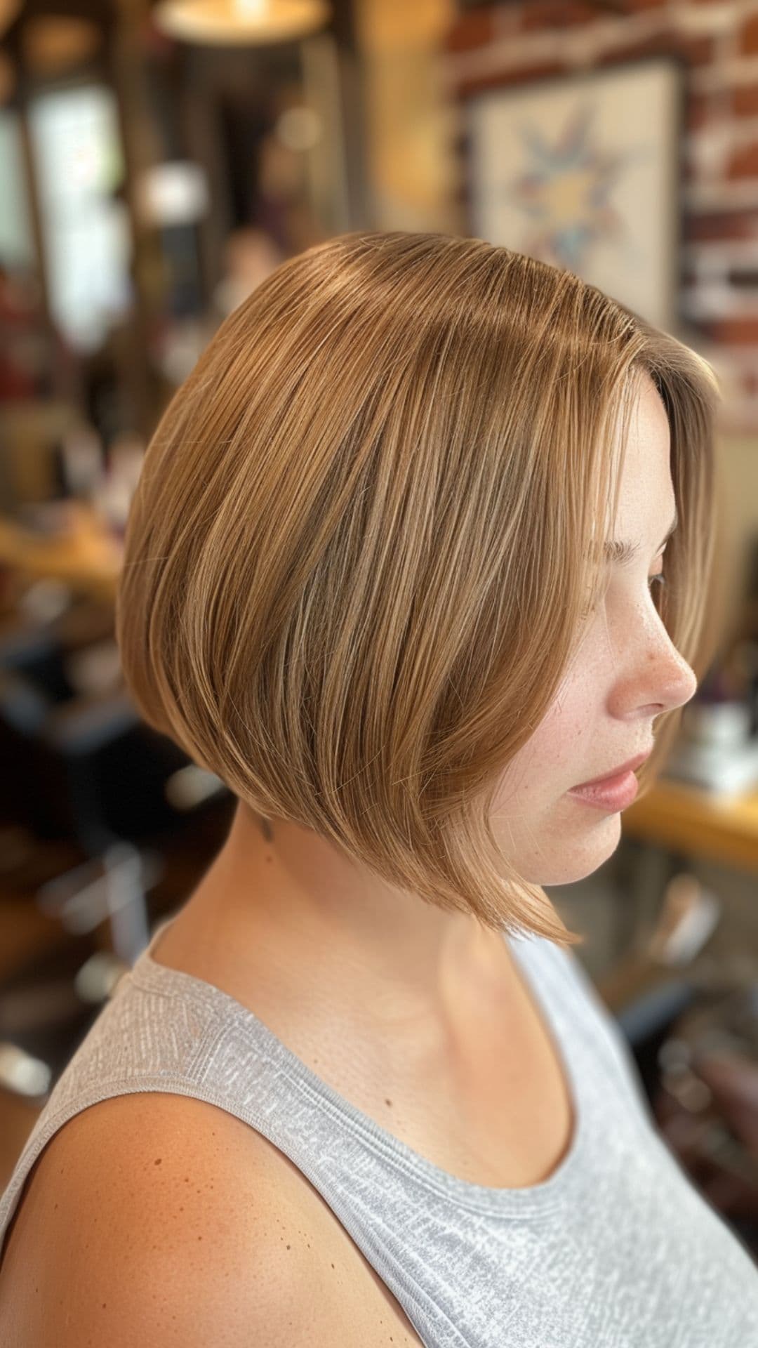 A woman modelling a blunt inverted bob.