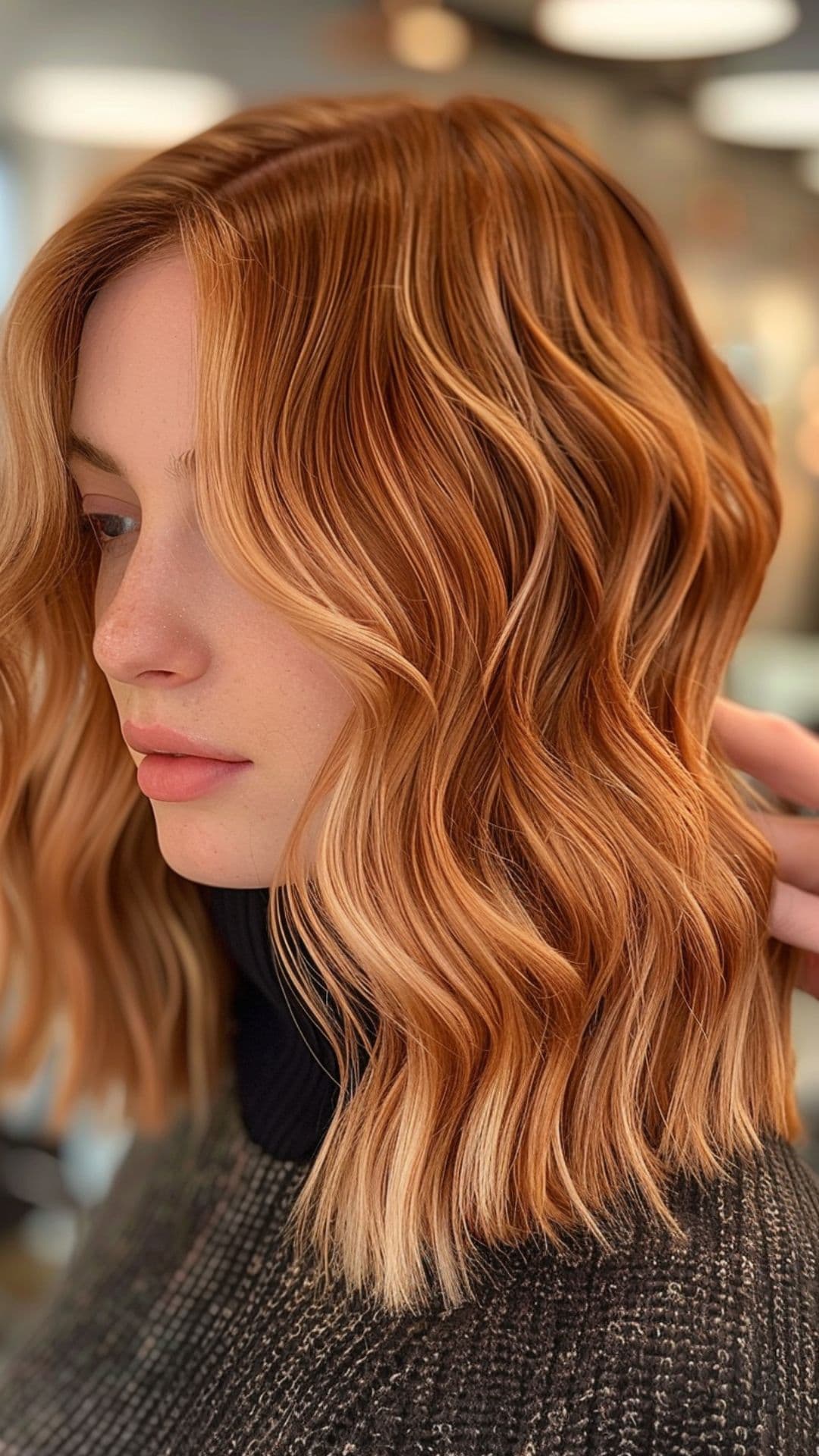 A woman modelling a blush copper balayage blunt bob hair.